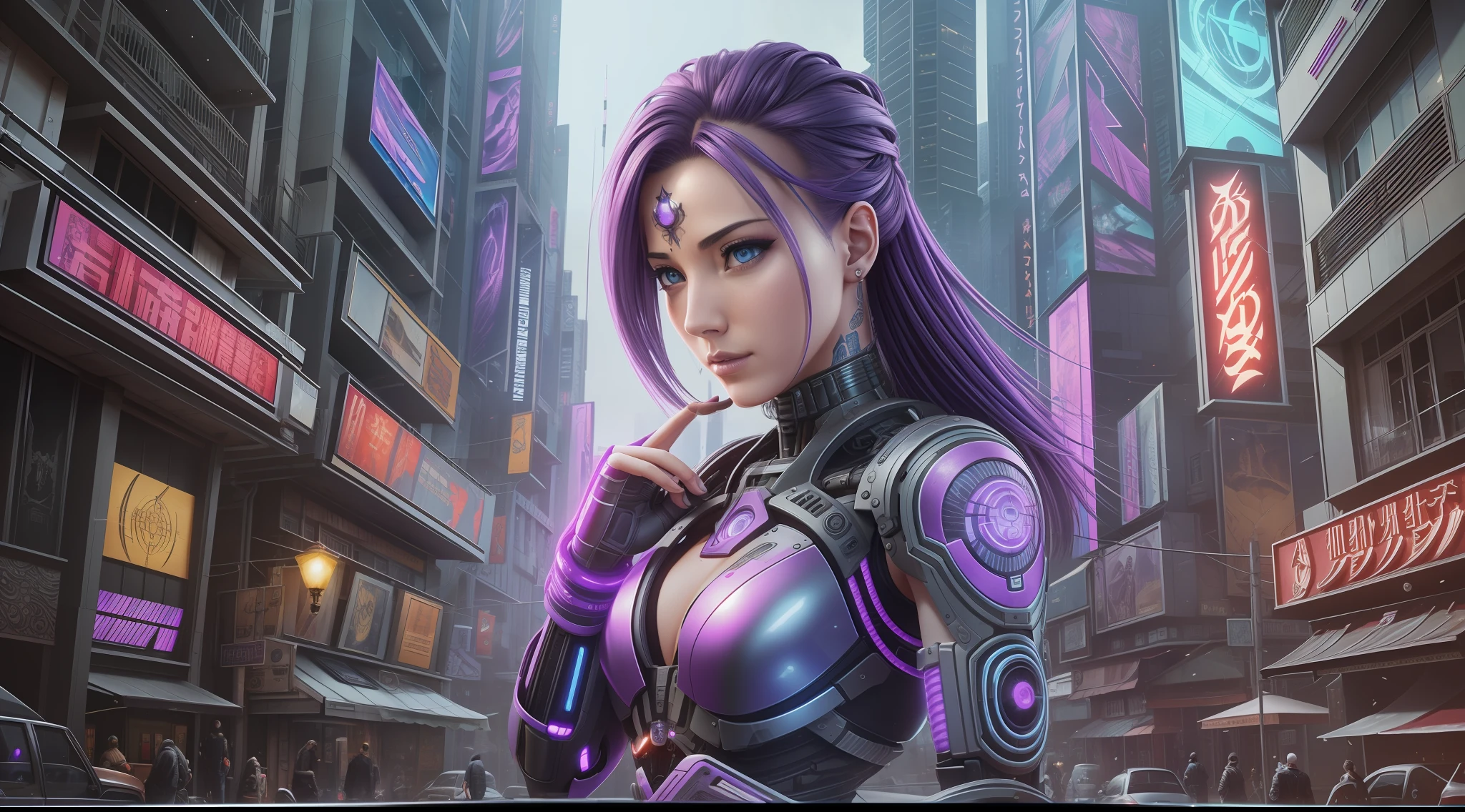 Award-winning photo from the waist up, purple-haired woman showing her face, alone, from the torso up, with cybernetic enhancements with tattoo of magical symbols, in front of cyberpunk buildings, vibrant, photorealistic, hyperrealism, strong impressionist painting style, 1,618, elegant, ethereal, intricate, elaborate, hyper-realism, hyper-detailed, strong expressiveness and emotionality, cinematic lighting, visual clarity