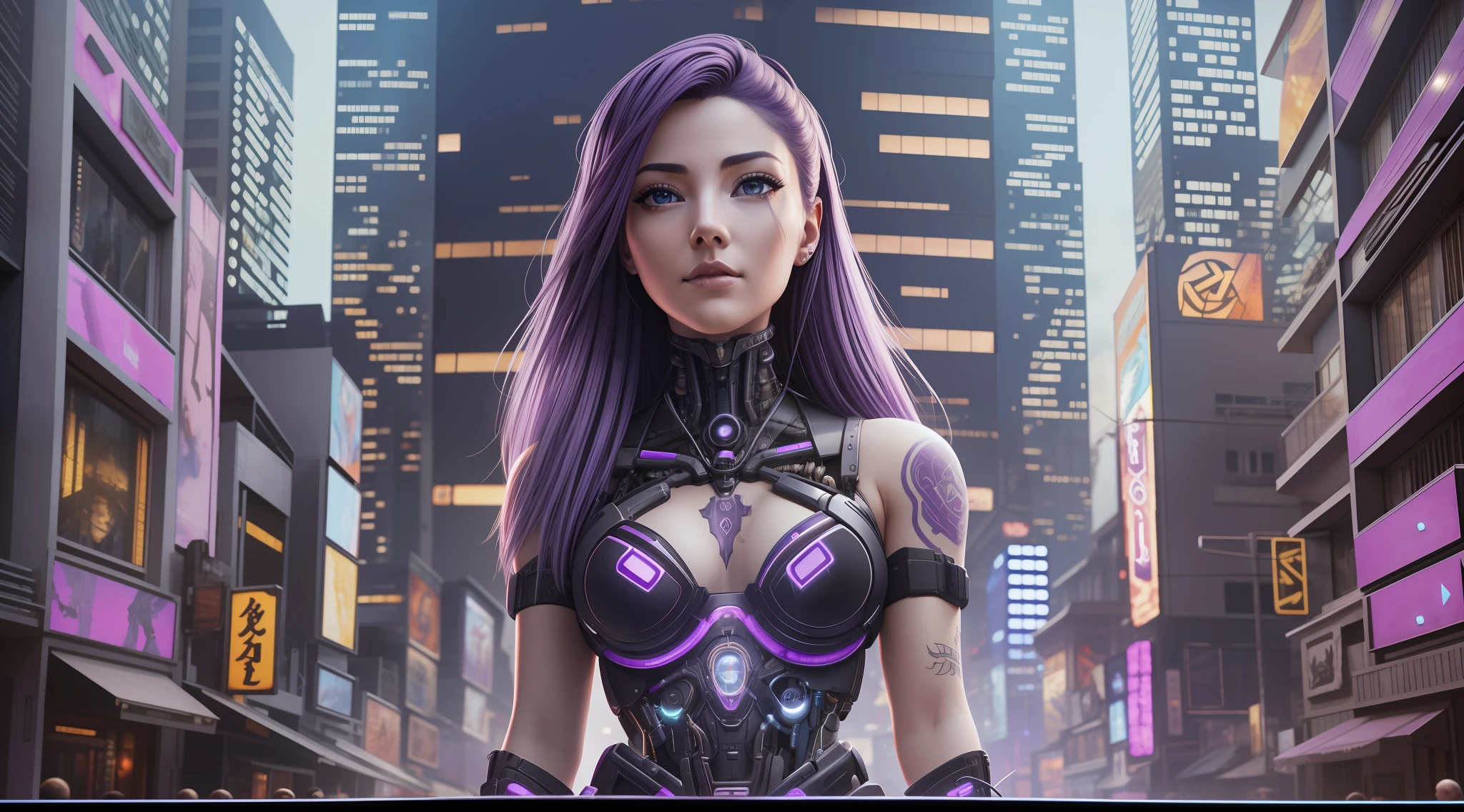 Award-winning photo from the waist up, purple-haired woman showing her face, alone, from the torso up, with cybernetic enhancements with tattoo of magical symbols, in front of cyberpunk buildings, vibrant, photorealistic, hyperrealism, strong impressionist painting style, 1,618, elegant, ethereal, intricate, elaborate, hyper-realism, hyper-detailed, strong expressiveness and emotionality, cinematic lighting, visual clarity