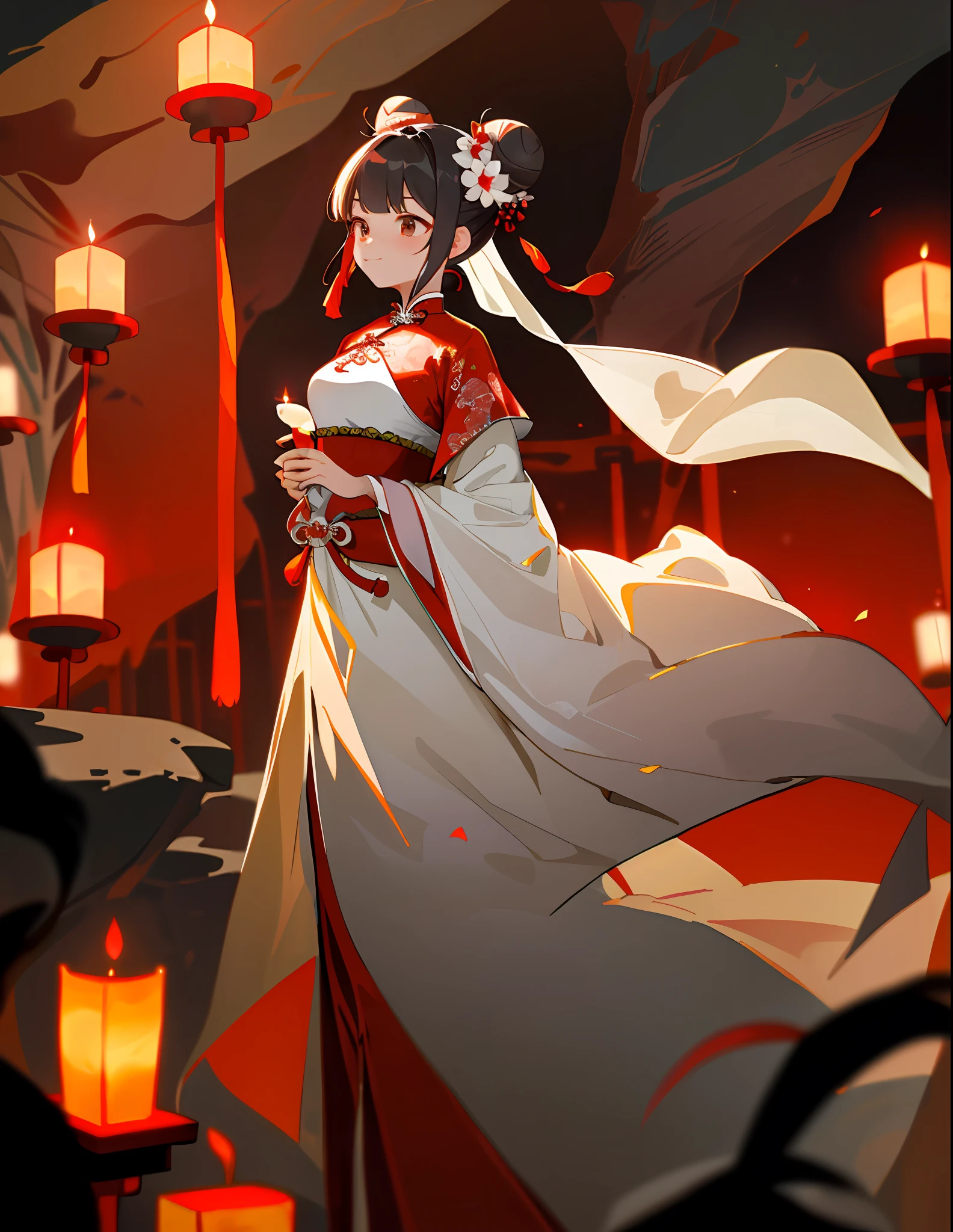 ((masterpiece, best quality)), 1girl, solo, (bun: 1.4), (Chinese costume red wedding dress: 1.4) (cave flower candle night: 1.3), wedding, atmosphere