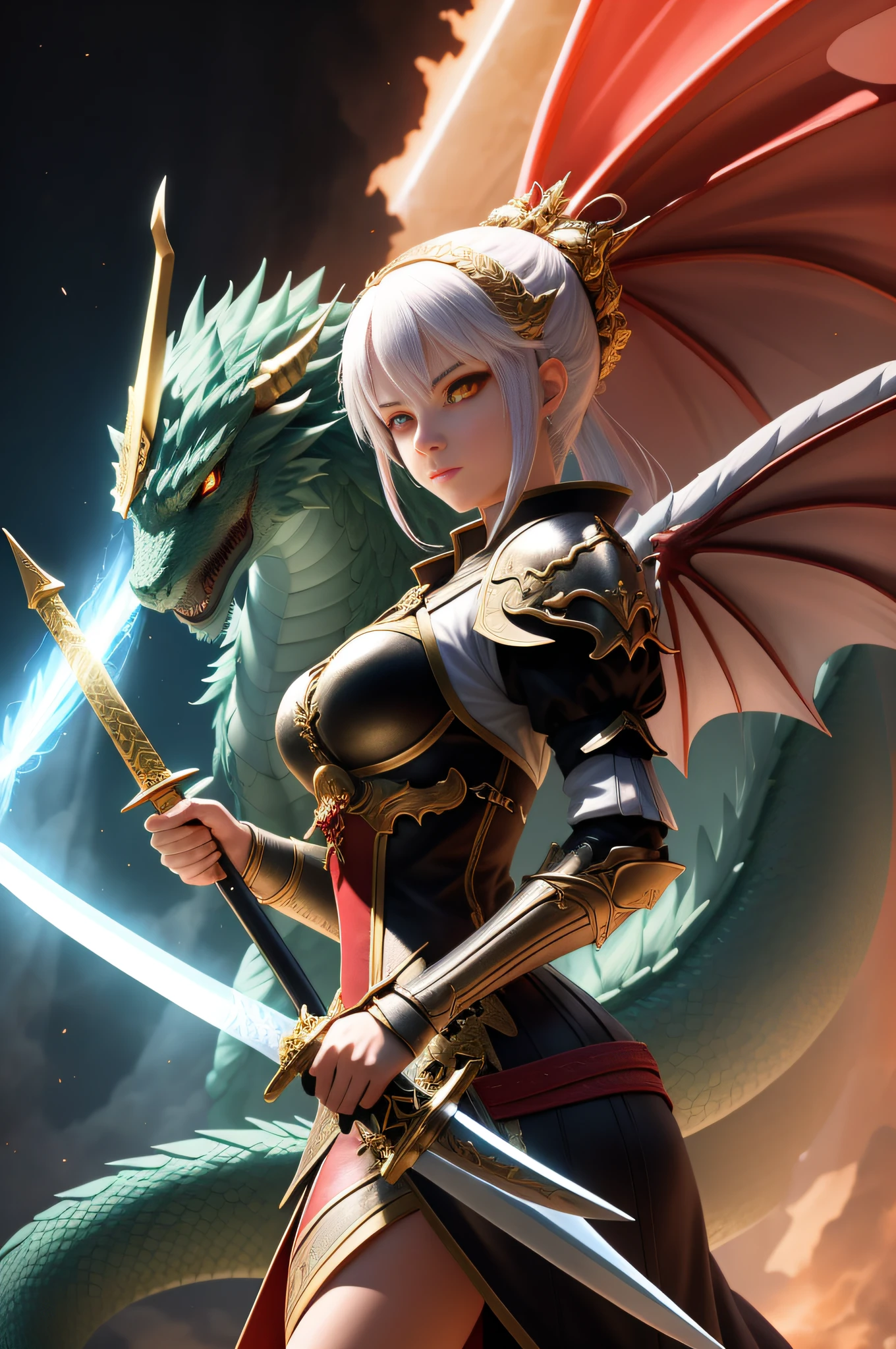 Dragon, female swordsman, holding a slender sword, sword saint, backlight