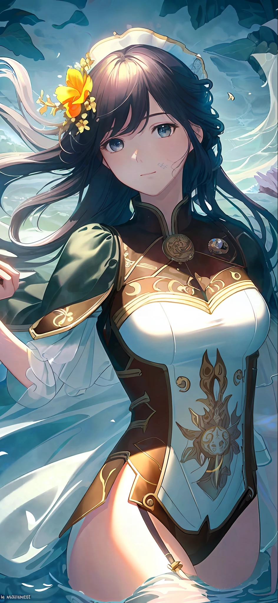 (masterpiece, highest quality, ultra-detailed single CG wallpaper in 8K, best illustration),(best lighting, beautiful shadows, beautiful main theme), floats in the sea,

[(one girl, long black hair, small breasts, black and red open swimsuit, beautiful body, red horns, cute features, smell of cigarette smoke on the waves, background - sea waves, blue sky)::1],

[ :(beautifully lined up in the background of the sea, lots of light, beautiful leaves, floating flowers):0.3]