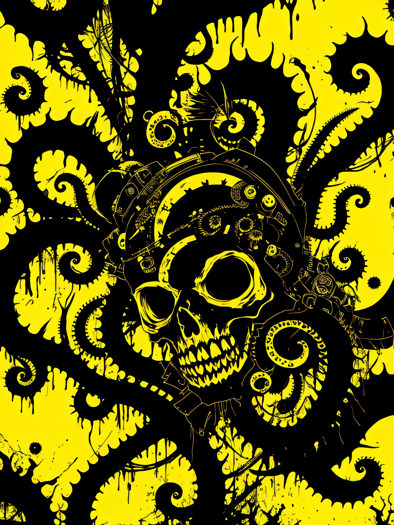 yellow and black, skulls faces with tentacles, in the style of Mork Borg, strong contrast, grunge dirty punk splash art, zine black metal, forest color splash background