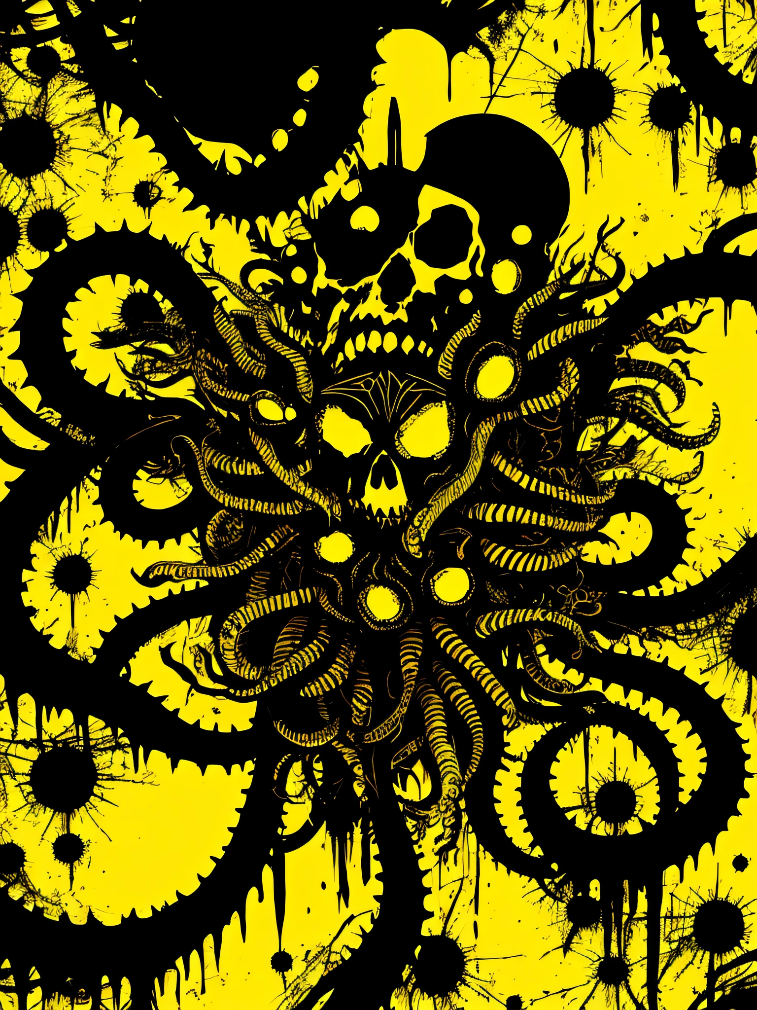 yellow and black, skulls faces with tentacles, in the style of Mork Borg, strong contrast, grunge dirty punk splash art, zine black metal, forest color splash background