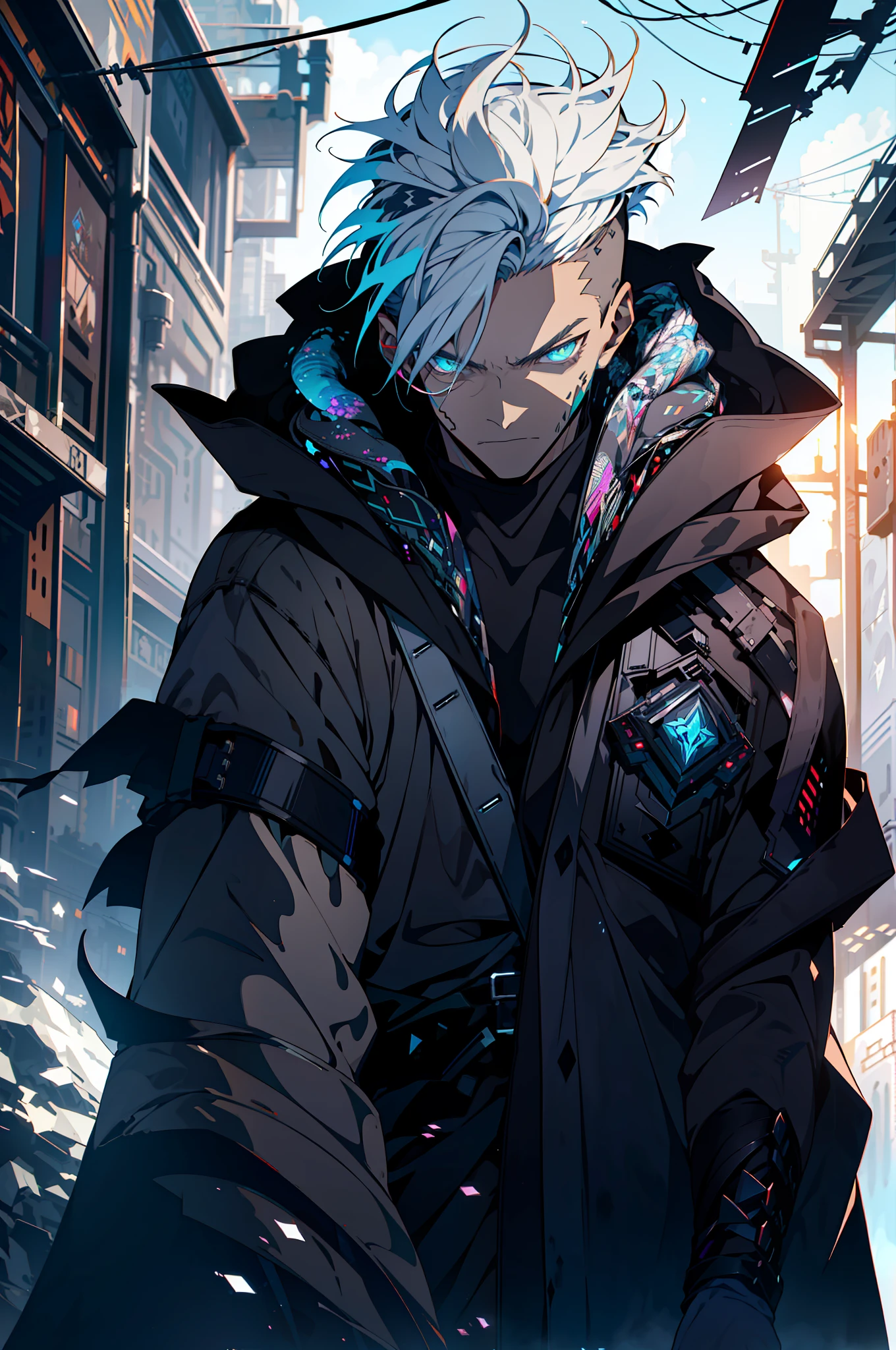 Cyberpunk male, fantasy world, dark background, clean design, epic instagram, artstation, colorful paint splatter, silhouette, hyper detailed intricate details, unreal engine, fantasy, intricate details, splash screen, complementary colors, Fantasy concept art, 8k resolution, deviantart masterpiece, oil painting, heavy strokes, paint dripping, (isolated on white background: 1.3), rainbow skin, (((handsome young man))), ((age:1.5) ), (glowing blue eyes), ((light eyes)), ((((short white hair: 1.1))), ((black clothes)), (prince\\(indifferent expression\\),, ( ((Wears high detail luxurious black robe))), white hair, frost magic, ((chest) --v 6