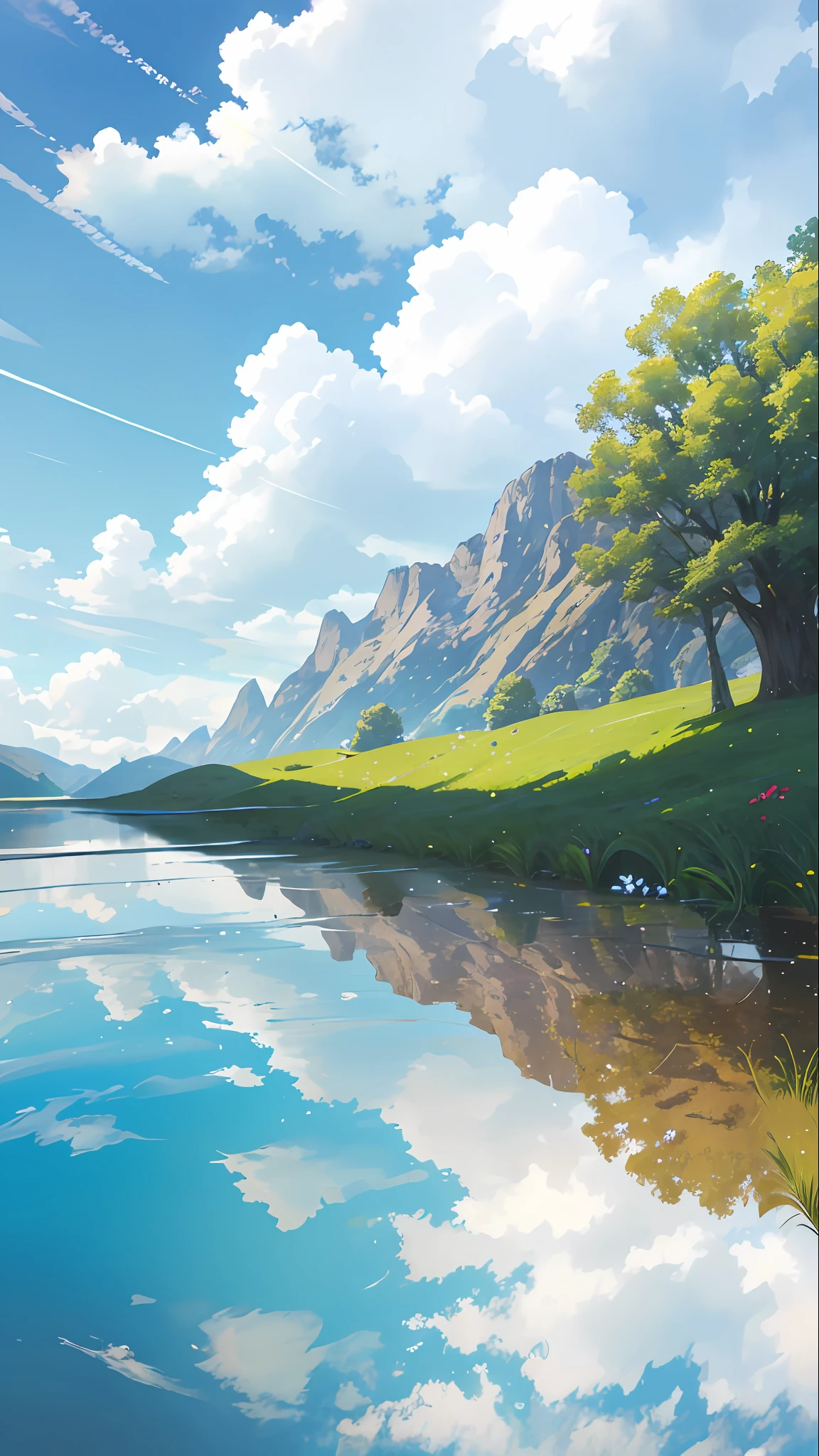 Summer, meadows, a few small flowers, clear lakes, sheep, heaven, large clouds, blue sky, hot weather, HD detail, hyper-detail, cinematic, surrealism, soft light, deep field focus bokeh, distant vistas are snowy mountains, ray tracing, and surrealism. --v6