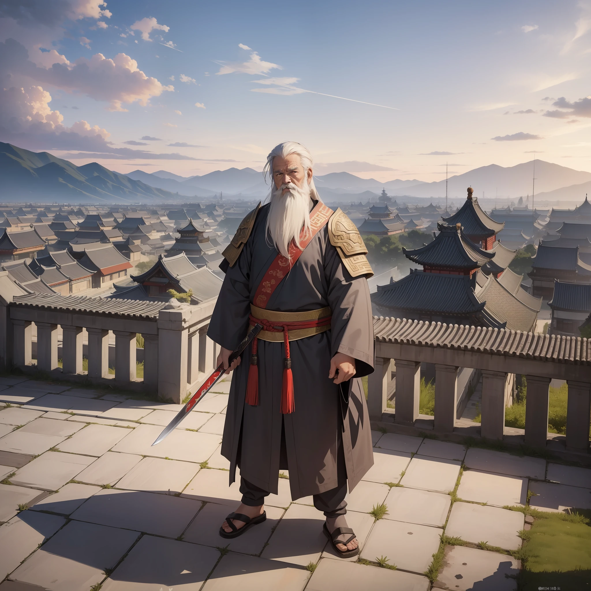 Absurd resolution, high resolution, (masterpiece: 1.4), hyper-detail, ancient China, gray-haired and long-bearded old man standing in front of 10,000 soldiers (1.3), roaring (1.2), crying (1.2), (Hanfu 1.5) warrior in ancient Chinese armor, wielding sword, blood, fighting, standing on the ancient city wall (1.3), dusk, (crowd of people 1.5)