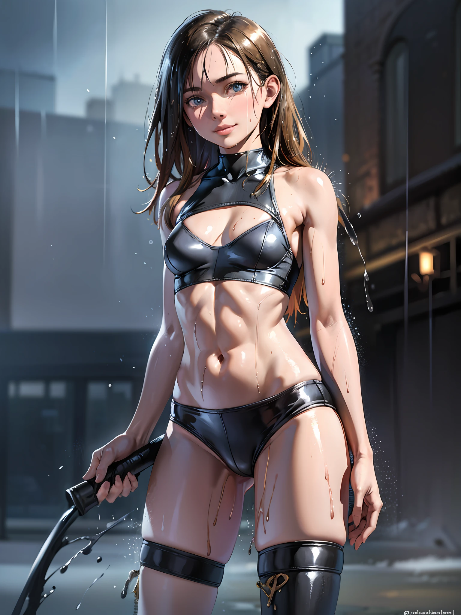 illustration, (smile,:1),(raining,wet,splash:1.3), (string,abs,small breasts,:1.1),(thin transparent, wet clothes,sfw),thighs, battlefield, (slim, fit,flat chest, petite,ukranian,) photo realistic, high definition, detailed realistic, detailed, hyper detailed, realistic skin texture, ultra high resolution, high resolution,flag painted, (masterpiece, best quality), face tears,