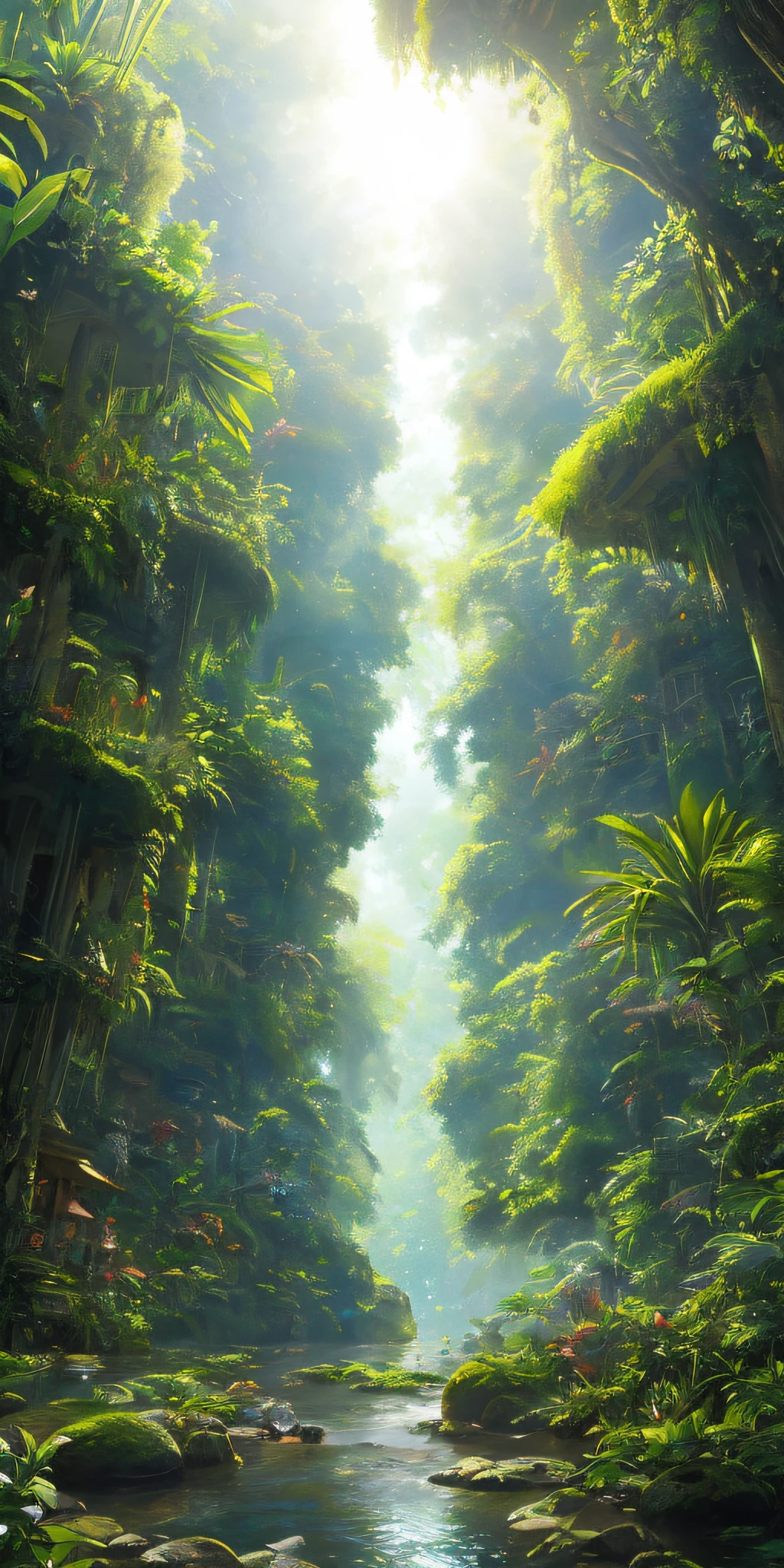 Detailed and intricate digital illustration of a dense jungle full of exotic plants and animals, sunlight filtering through the canopy to create a mottled effect. Amano and Miyazaki's style, masterpiece, proportions, a large stone in the middle of the water, beautiful lighting, realistic, complex, award-winning, 4k, highest quality award-winning, 4K digital painting in the style of Yoshitaka Amano. A detailed and complex depiction of the zombie apocalypse, subtly capturing the chaos and drama of the scene. Beautiful lighting and cinematic composition make this piece a true masterpiece, popular on ArtStation