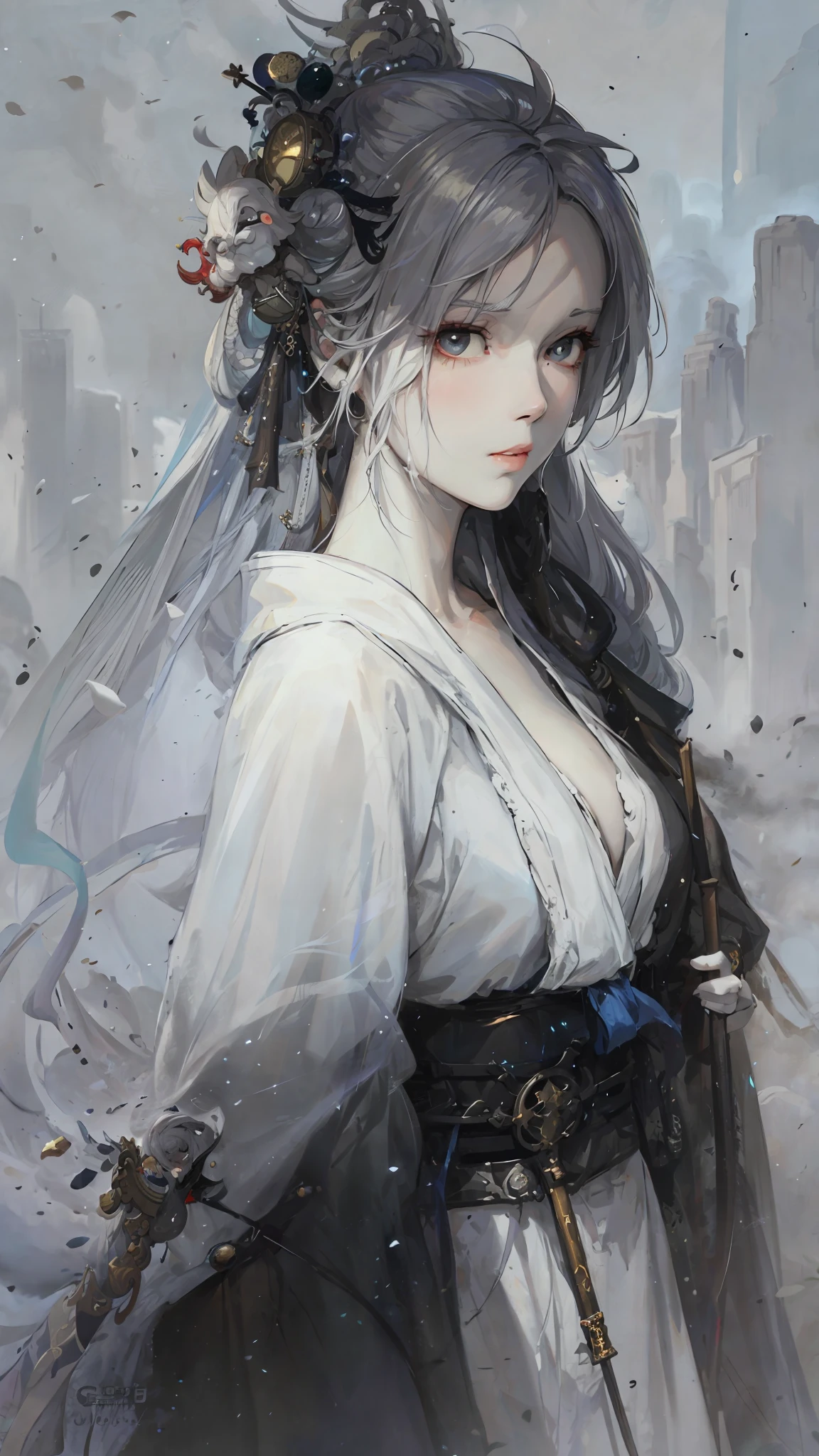a close up of a woman with white hair and a white mask, beautiful character painting, guweiz, artwork in the style of guweiz, white haired deity, by Yang J, epic exquisite character art, stunning character art, by Fan Qi, by Wuzhun Shifan, guweiz on pixiv artstation