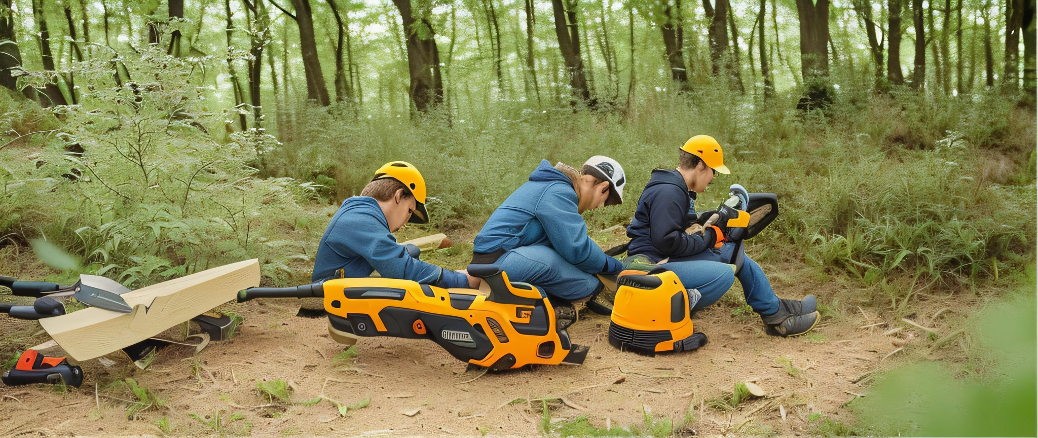 In the forest, people sit on benches with a bunch of tools, chainsaws, easy to use, tools and branches on the ground, electric scissors, blowers, 1080p, meadow,