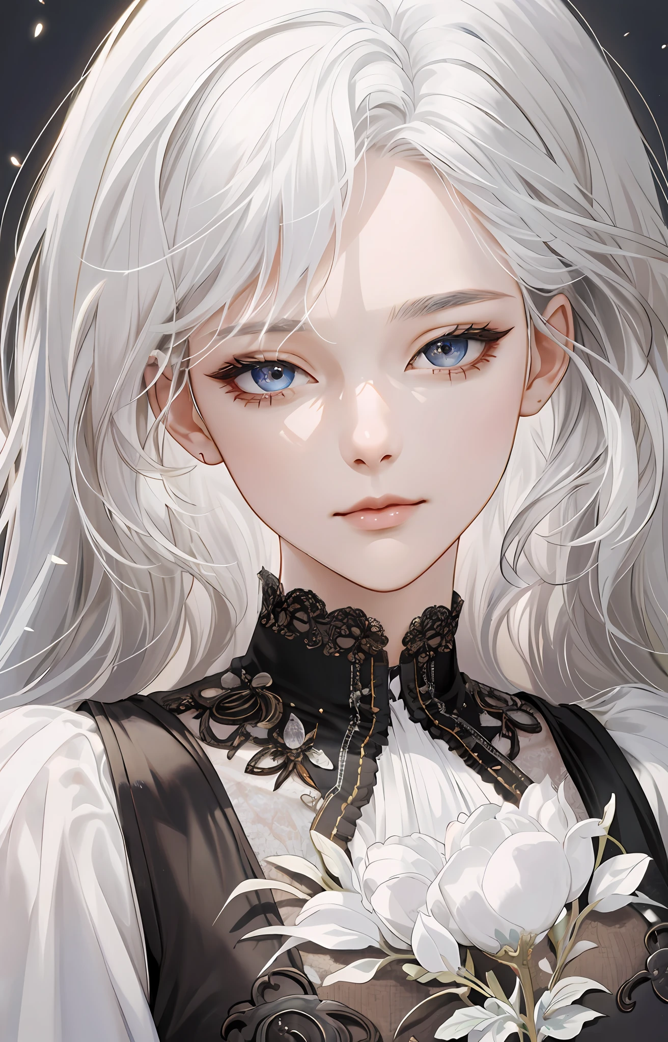 (Extremely Delicate and Beautiful:1.2), 8K ,(Masterpiece:1.0),(best_quality:1.0), 1girl, mature woman, complex details, enlarged textures, complex details, finely detailed eyes and detailed face, intricate details, white hair, (closed mouth), perfect eyes, equal eyes, (goddess), perfect body, extremely detailed