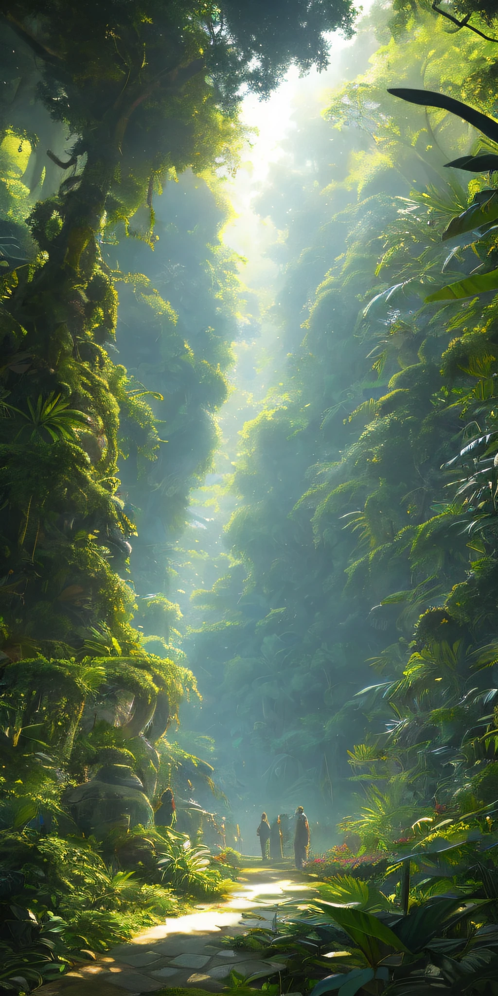 Detailed and intricate digital illustration of a dense jungle full of exotic plants and animals, sunlight filtering through the canopy to create a mottled effect. Amano and Miyazaki's style, masterpiece, proportions, a large stone in the middle of the water, beautiful lighting, realistic, complex, award-winning, 4k, highest quality award-winning, 4K digital painting in the style of Yoshitaka Amano. A detailed and complex depiction of the zombie apocalypse, subtly capturing the chaos and drama of the scene. Beautiful lighting and cinematic composition make this piece a true masterpiece, popular on ArtStation