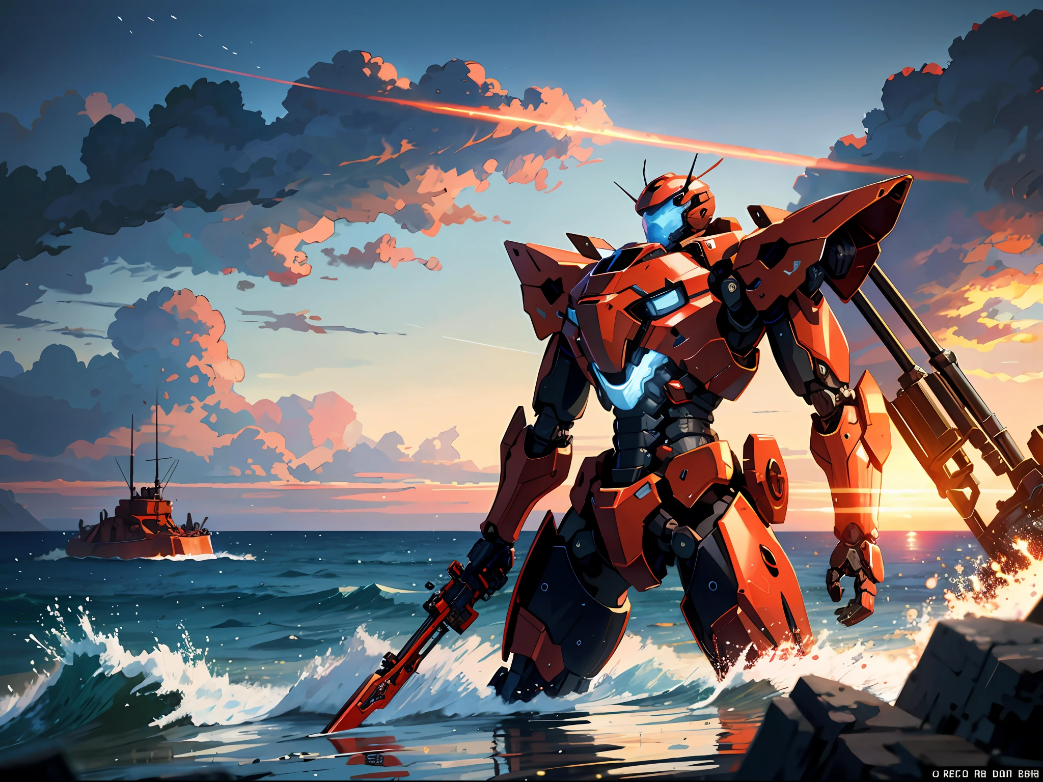 HD clear, best graphics, illustration quality, super detailed, a red mech standing on the seashore, tank armor, heavy feeling, mighty, mech with five barrels on the back