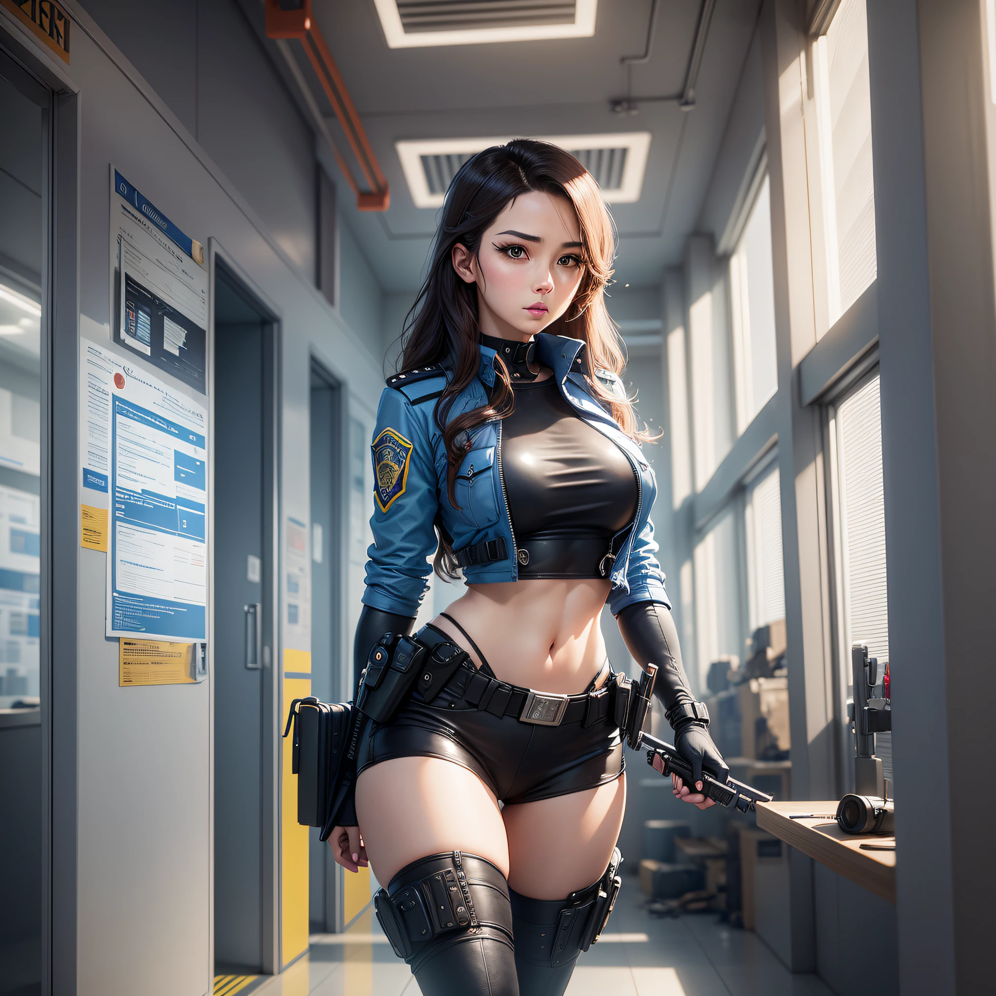In a seemingly normal police station, a beautiful assistant is on a secret mission, showing her intelligence and reaction speed, and high-tech equipment and police vehicles surround her. --auto --s2