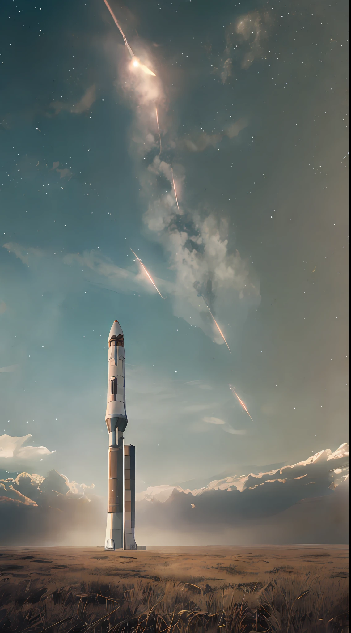 A rocket, at the space base, gloomy, apocalyptic, ground, mysterious, weird, large areas of sky,