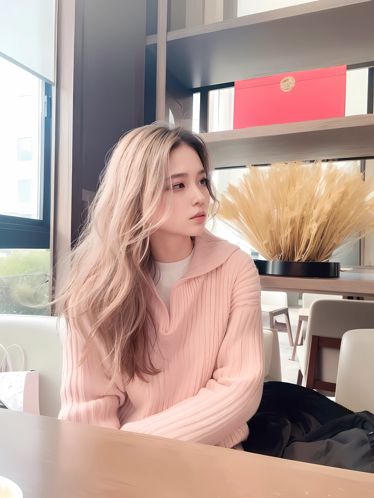 The girl sits at a table, holding coffee in one hand, long hair draped, skin silky like jade, Asian face, she is wearing pale pink clothes, her hair is blown up slightly, like Zmonzheng, Sakimichan's 8K CG, and grayscale coloring, the rendering effect is very good (delicate beauty/x1.3), giving people an elegant and natural atmosphere. Ancient Technology, HDR (High Dynamic Range), Ray Tracing, NVIDIA RTX, Super Resolution, Unreal 5, Subsurface Scattering, PBR Texture, Post Processing, Anisotropic Filtering, Depth of Field, Maximum Clarity and Acutance, Multilayer Textures, Albedo and Highlight Maps, Surface Shading, Accurate Simulation of Light-Material Interactions, Perfect Proportions, Octane Rendering, Two-tone Lighting, Low ISO, White Balance, Rule of Thirds, Wide Aperture, 8K RAW, High Efficiency Sub-Pixel, Subpixel Convolution, Glowing Particles, Light scattering, Tyndall effect