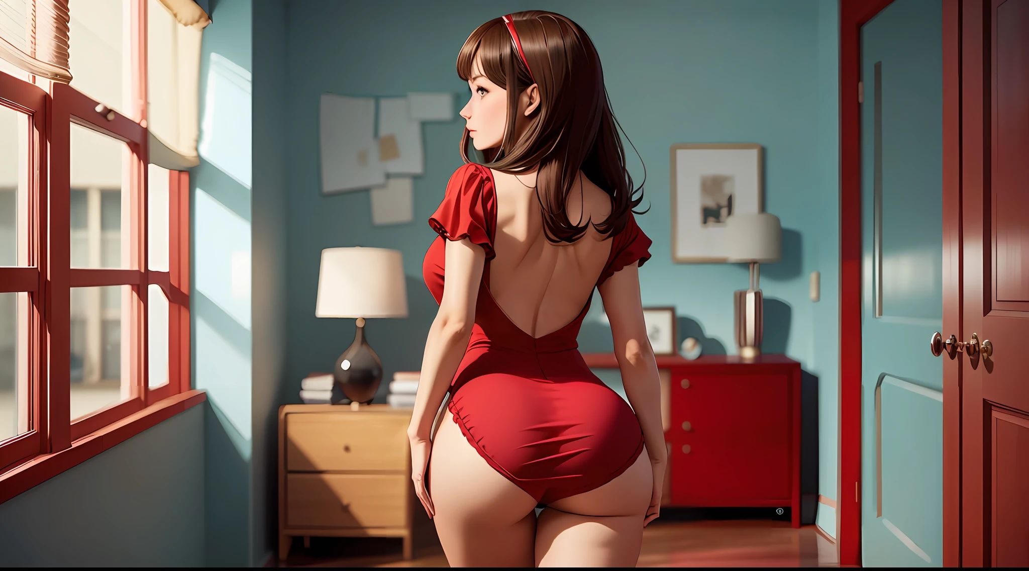 Girl in red dress and ass prancing inside the room --auto --s2