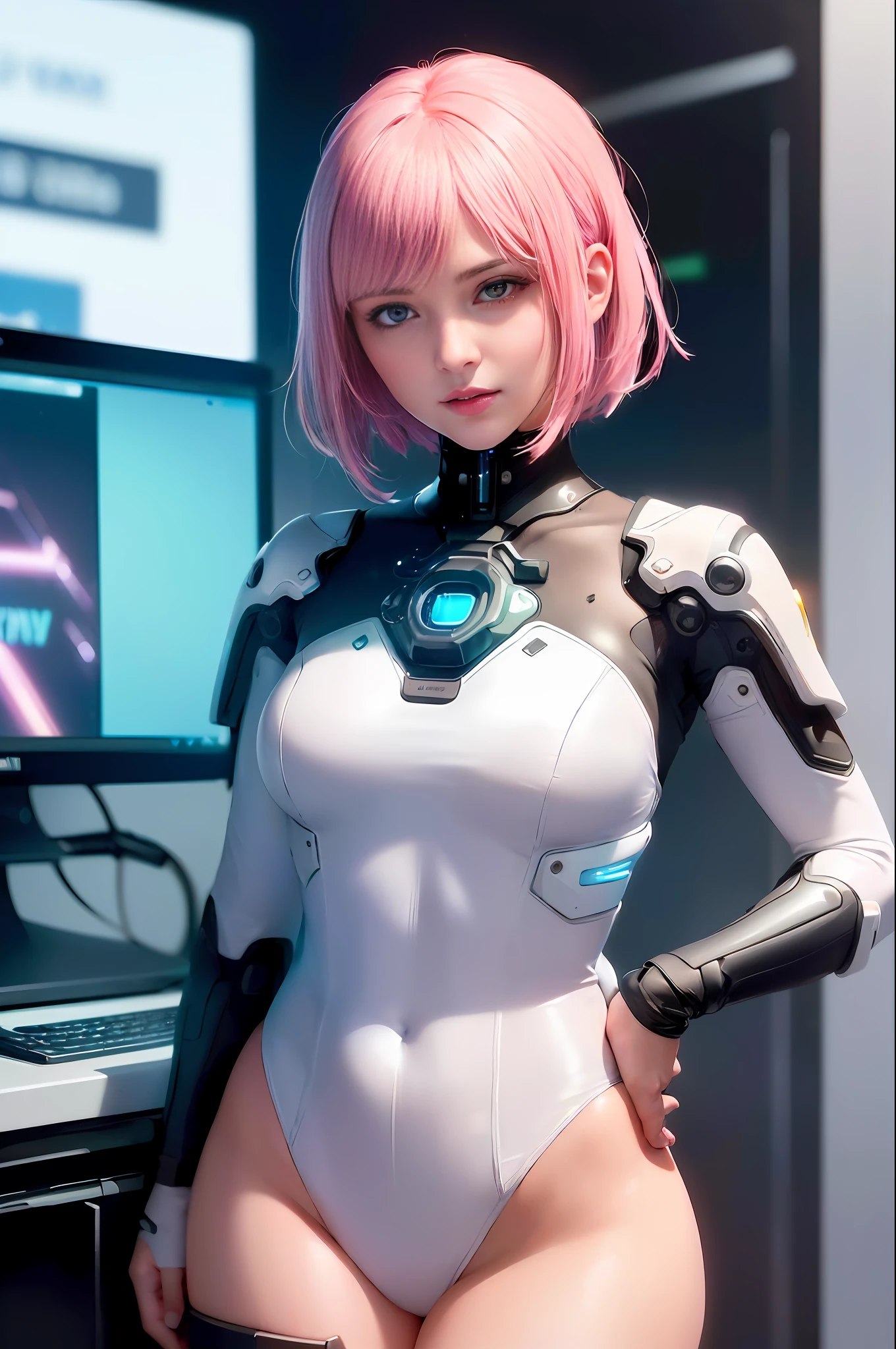(ultra high res,photorealistic,realistic,best quality,photo-realistic),
(8k, raw photo, best quality, masterpiece),
(photon mapping, radiosity, physically-based rendering,automatic white balance),
technological sense, best quality, masterpiece, illustration,CG ,unity ,wallpaper, official art,
Amazing, finely detail, an extremely delicate and beautiful,extremely detailed,
highly detailed, sharp focus,rich background,blurry background,
(real person,photograph),
(((high detailed skin,visible pores))),1 girl,full body,(((Ghost In The Shell)))
(((face close-up,haunting smile,moist lips))),
((irises and pupils are rounded,the pupil reflects the surroundings)),
((Big eyes,perfect eyes,watery eyes)),
((short hair,pink hair,thick bangs)),
((small breasts)), ((Cyberpunk 2077,Future, City, skyscraper)), (((Neon, Display Screen, Advertising))), Night, Flooding, Reflection,Tight white combat uniform, stainless steel,LED,laser,((Data cable, optical fiber, computer,VR)),current, 25 years old woman