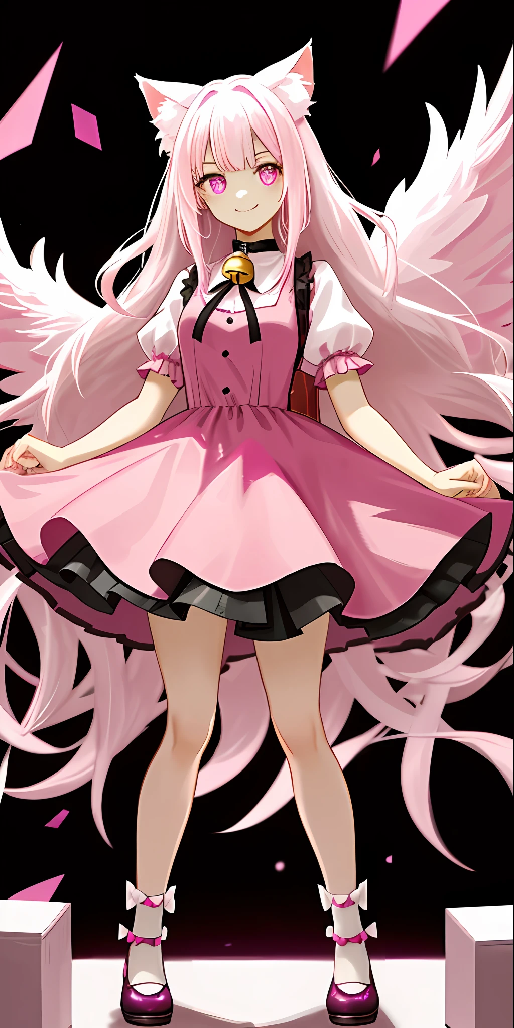 1girl, virtual vtuber, animal ears, thighs, pink-purple eyes, solo, wings, long hair, light pink white hair, dress, smile, bell, animal ear fluff, cat ears, white thighs and thighs, white background, fluffy sleeves, looking at the audience, short sleeves, fluffy short sleeves, shoes, collar bell, blue dress, legs side by side, pink dress, front body, lady standing, front light, front, facing front, close-up, pov, 35mm