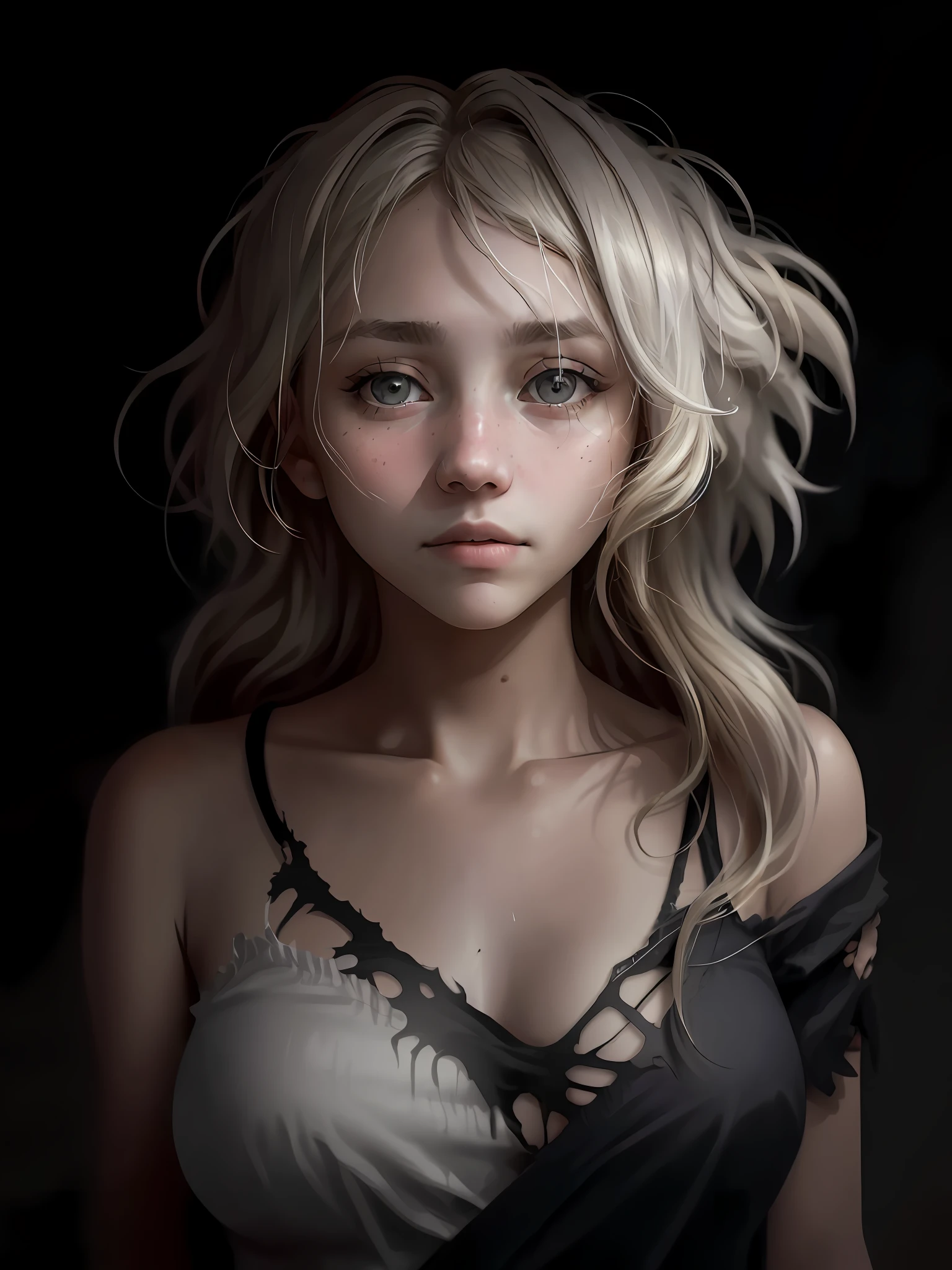 (Modelshoot style), A sad and homeless girl ((wearing a torn old outfit)), (shy), 1girl, solo, blonde hair, straight and messy hair, very detailed face, beautiful eyes, adorable, with bright pink cheeks, sad eyes, gorgeous, (Rembrandt Lighting), zeiss lens, ultra realistic, (highly detailed skin: 1.2), 8k uhd, dslr, Dramatic Rim light, high quality, Fujifilm XT3