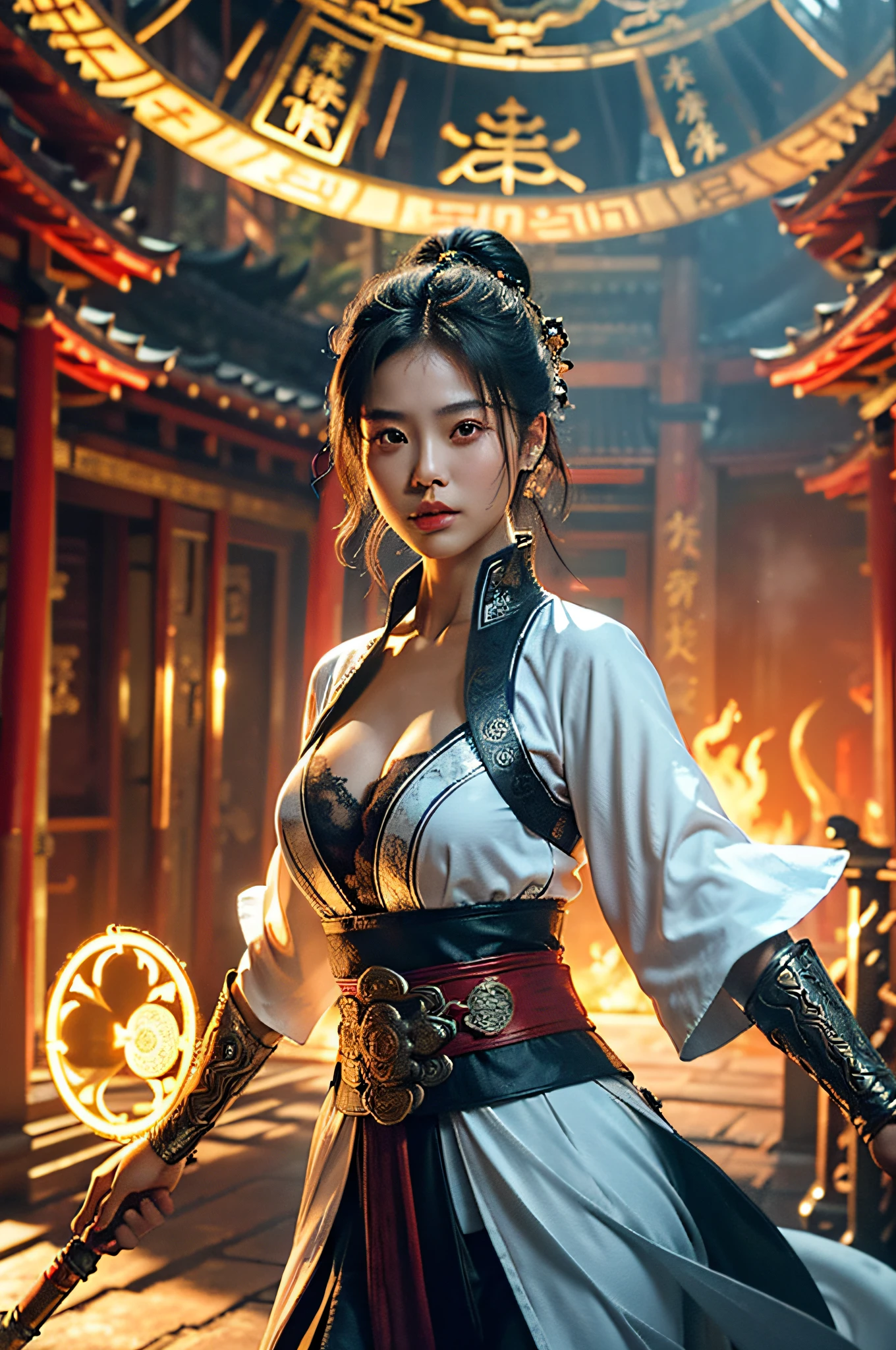 Best quality,masterpiece,ultra high res,(photorealistic:1.4),xiuxian,weapon,Detailed face,
1girl,solo,weapon,cleavage,(magic circle:1.2),xiuxian,upper body,Beautiful girl,full body,east asian architecture,sheath,architecture,