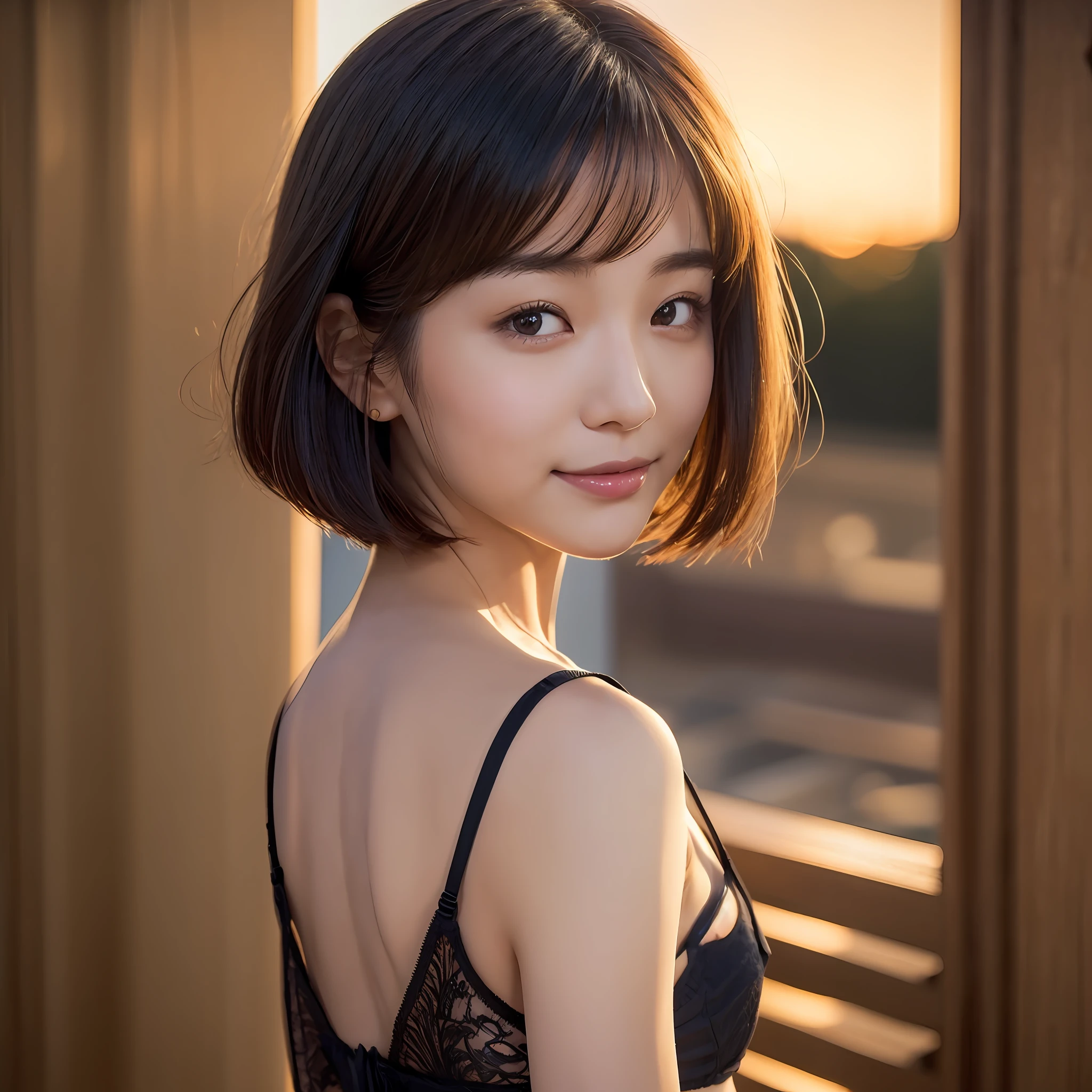 Japan Beauty, Slender, Quiet Breasts, Small Ass, Detailed Eyes, Sexy Black Underwear, Bob Cut, Dark Black Eyes, Little Smile, Embarrassed , One Of, One Of, Golden Ratio, Sunset, One Girl, Photorealistic, 16K, Cute Beautiful --auto --s2