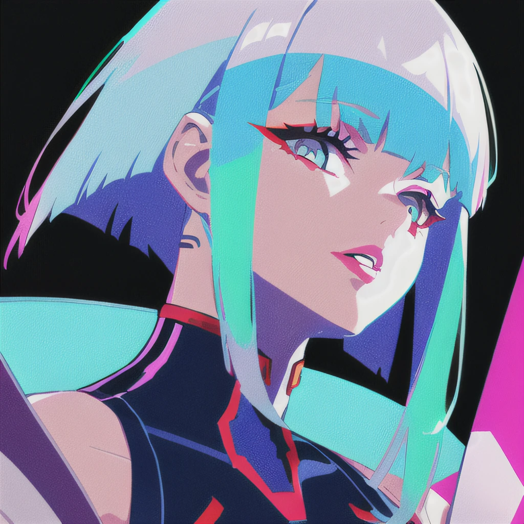 lucy \(cyberpunk\), 1girl, bangs, blue hair, colored tips, close up, from side, grey eyes, jacket, long sleeves, looking at viewer, medium hair, moon, multicolored hair, parted bangs, parted lips, pink hair, portrait, red eyeliner, red lips, solo, white jacket, cyberpunk \(series\), cyberpunk edgerunners