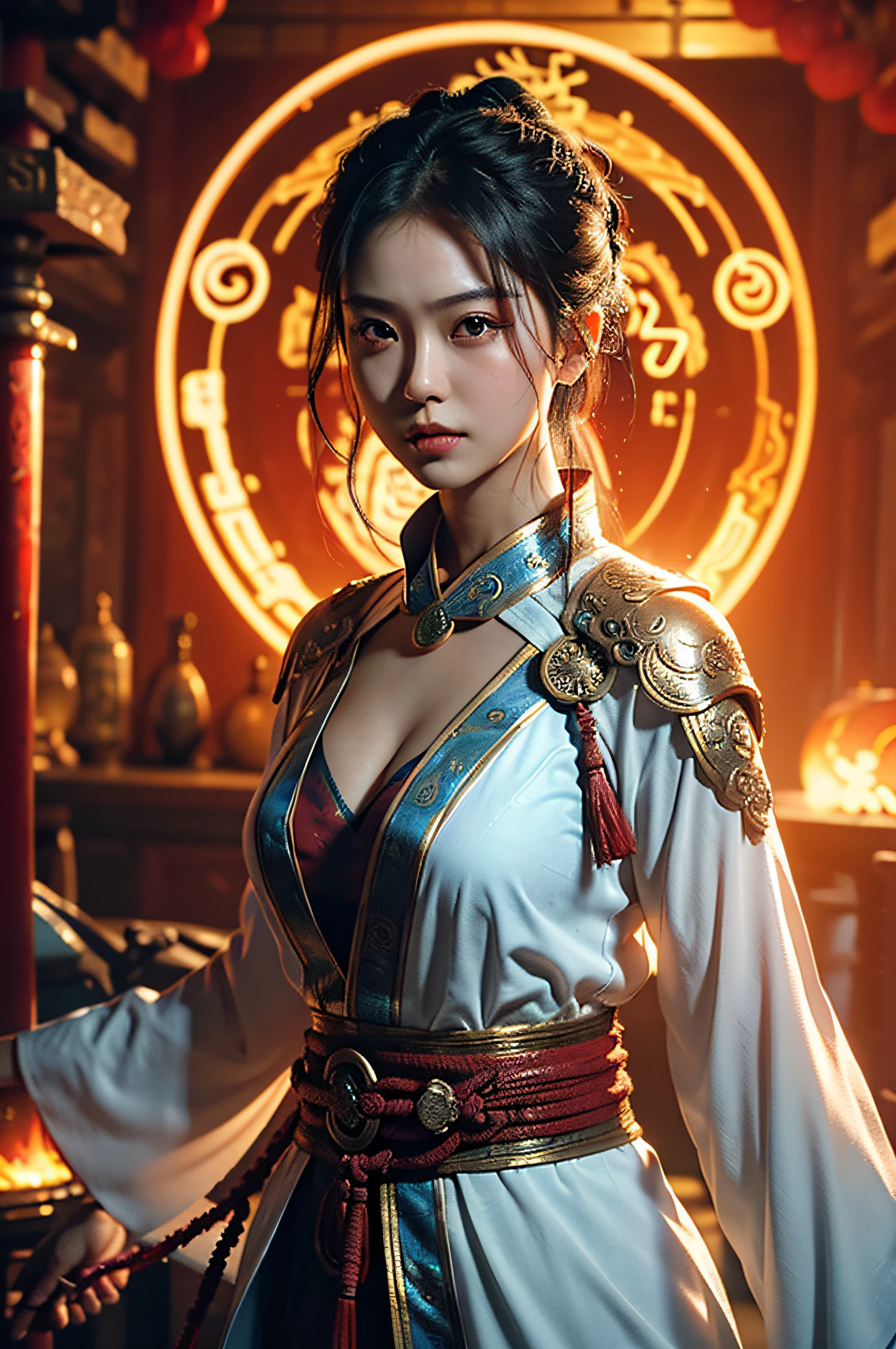 Best quality,masterpiece,ultra high res,(photorealistic:1.4),xiuxian,weapon,Detailed face,
1girl,solo,weapon,cleavage,(magic circle:1.2),xiuxian,upper body,Beautiful girl,full body,east asian architecture,sheath,architecture,