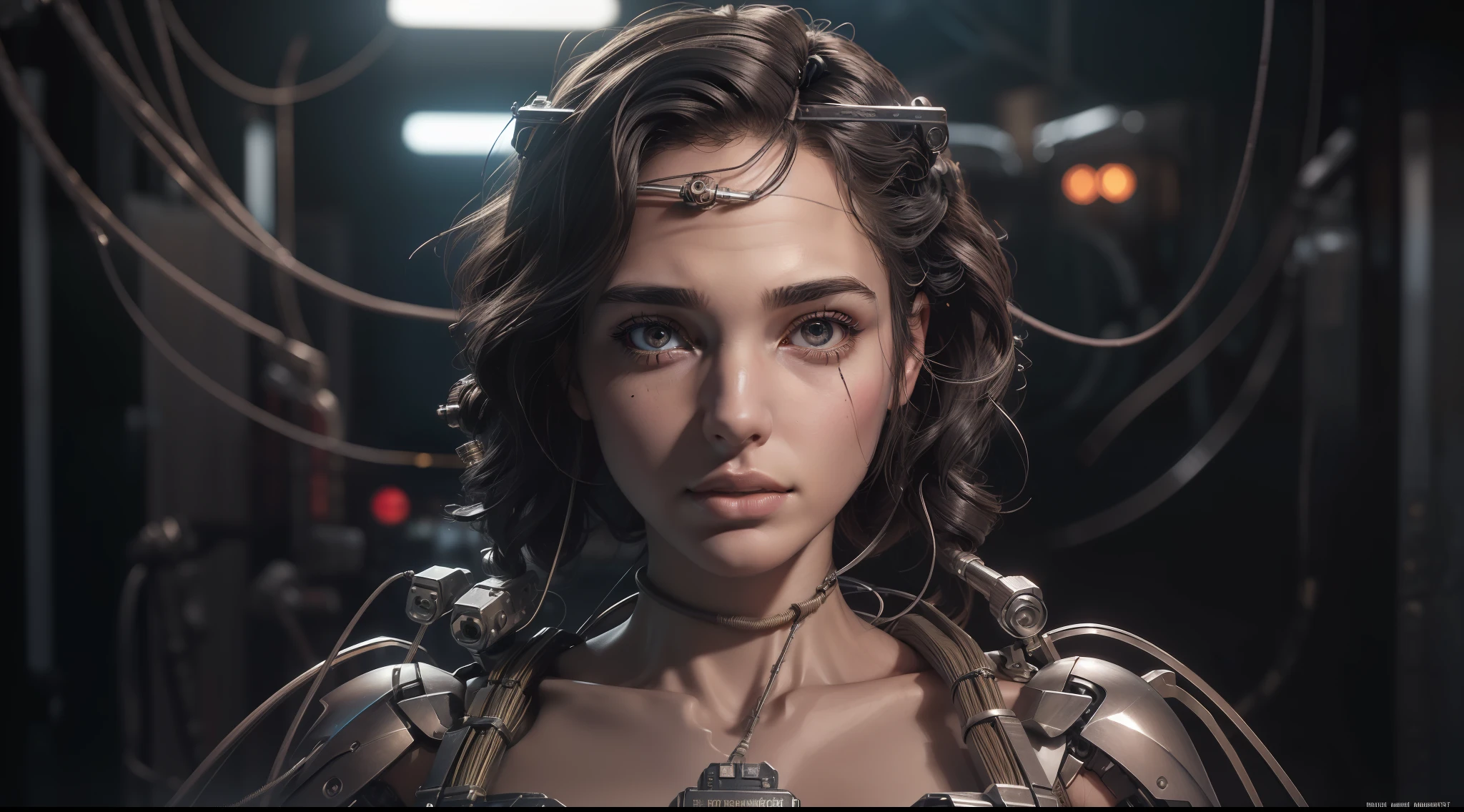 award-winning photo from the waist up, solo, masterpiece, best quality, perfect face, frontal shot of one's body ((extremely delicate and beautiful)), (beautiful delicate face), cinematic light, ((1 mechanical girl)) ((Gal Gadot)), (machine-made joints:1.4), ((mechanical limbs)), (blood vessels connected to tubes), ((mechanical vertebra attaching to the back)), (from the front)), without expression, (wires and cables attached to the head and body:1.5),  (detailed face), cyberpunk, (modelshoot style), (detailed: 1.4), HDR, depth of field, maximum clarity and sharpness, realistic details, award-winning photo, (complicated detail: 1.2), (fine detail), (cinematic lights, best quality backlight), sharp lines, sharp focus, wallpaper