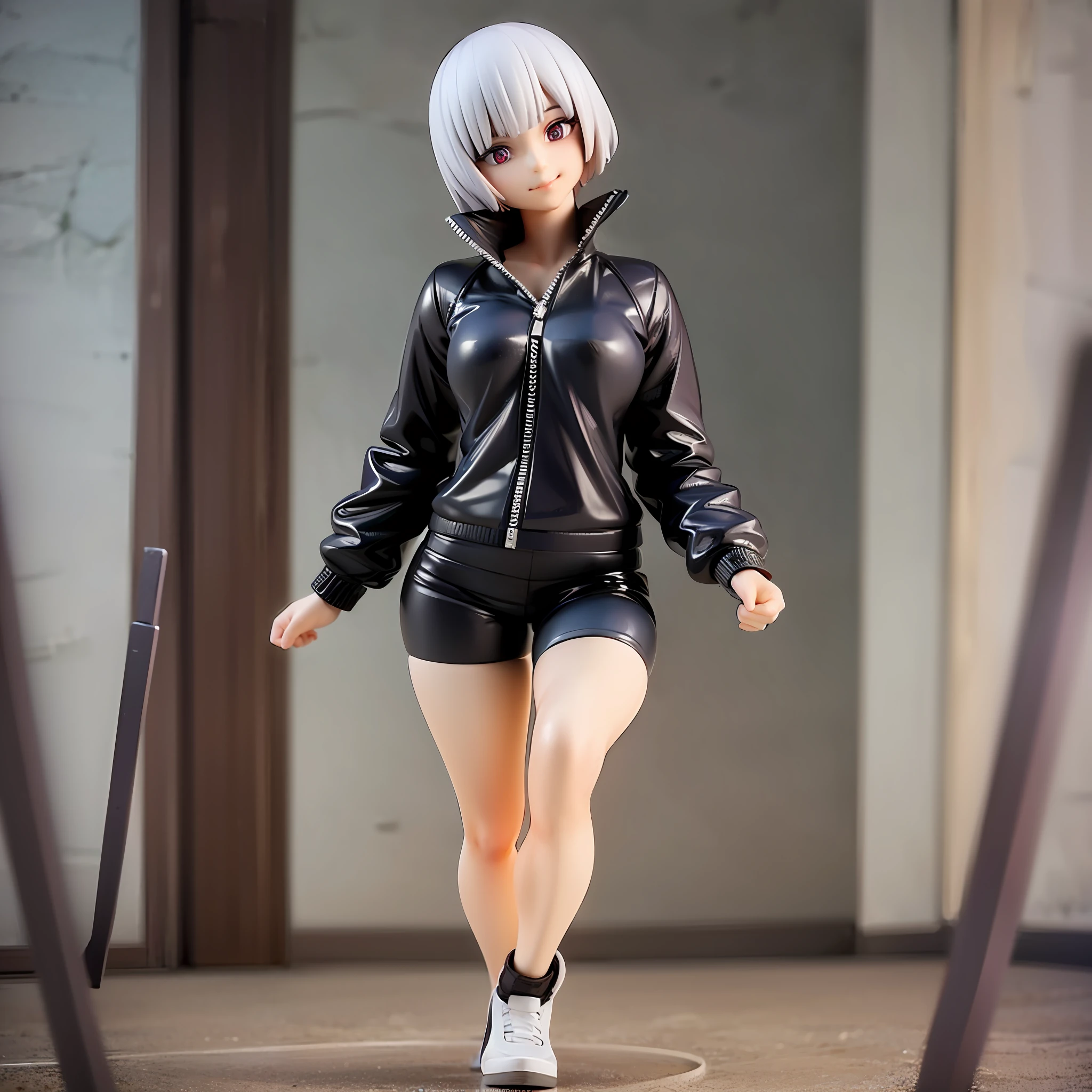 white hair, short cut,1girl,short pants, sneakers, beautiful eye, full body, dancing, looking away, black suit,[realistic], [3d], smile, closed mouth,(8k, RAW photo, best quality, masterpiece:1.2), ultra high res, photo realistic, professional lighting, detailed lighting, professional photography, high quality, high res, extremely detailed, bloom, depth of field, sketch, sharp focus, soft lighting, detailed, detailed skin, to8contrast style