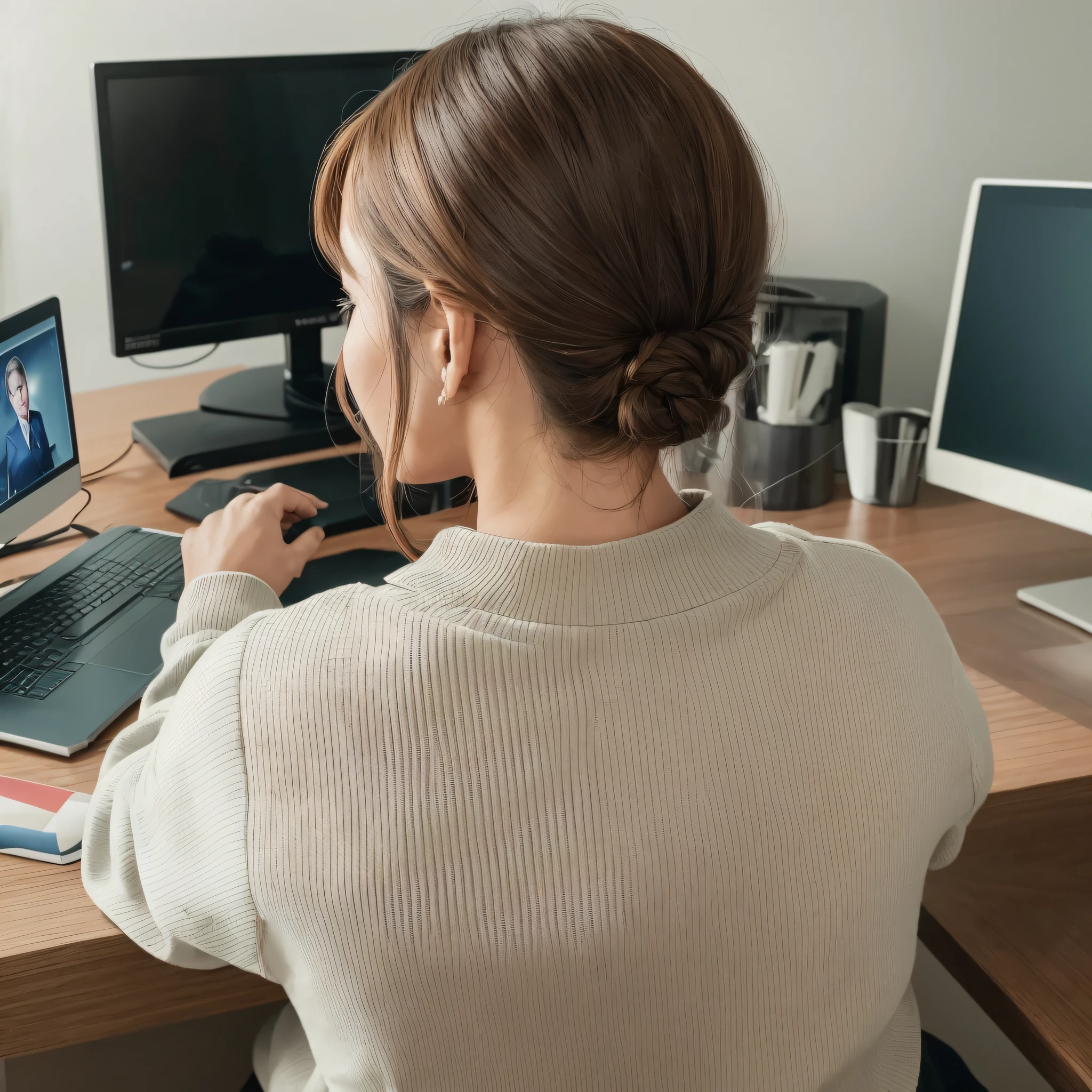 (one RAW photo), (masterpiece: 1.0), (Latin facial features) (best quality: 1.4), (ultra high: 1.2), 8k resolution, Canon EOS R5, 50mm, ultra detailed, sharp focus, cinematic lighting, 1 lawyer 35 years old man, 1 40 year old woman, holding a video call meeting, 1 computer with 1 screen, the lawyer is seen inside the screen, The woman is in the living room of her house, the woman is dressed as a married woman, she is seen from behind, she is looking at the male lawyer who is seen from the front through the computer screen through which they communicate. (client lawyer meeting), (the woman is only seen from behind) (the woman's face is not seen in the image) --auto --s2