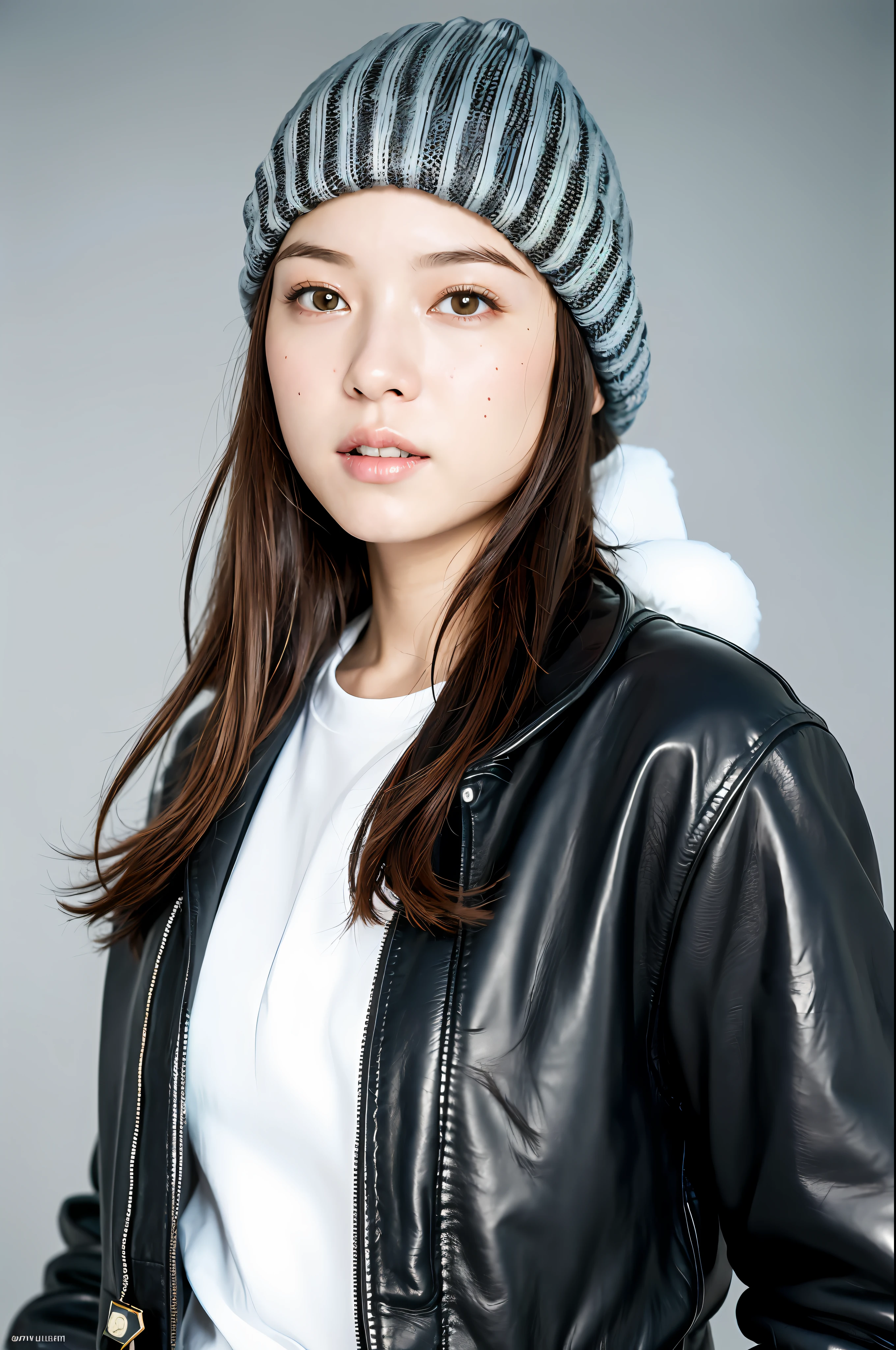 (
(8k:1.27), best quality, masterpiece, ultra highres:1.2) Photo of Pretty Japanese woman
 (beautiful:1.1) (sci-fi warrior woman:1.1) space soldier, (beanie:1.61) (leather jacket:1.21) intricate elegant, fantasy, detailed, ometric by greg rutkowski and alphonse mucha, gradient lighting