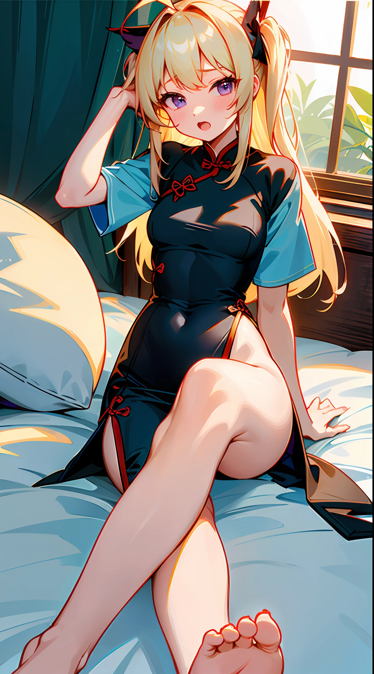(1girl),曝光过度,(湿衣服),独奏,超详细,插图,全身,细节饰品,(best quality),((masterpiece)),(非常详细的4k cg),非常详细的壁纸,(非常精致和美丽),arknights_mint,长发,灰发,蓝眼睛,黑丝带,猫女,发带,丝带,刘海,ahoge,{(((china_dress)))},highleg,粗大腿,白色紧身裤,背后的手臂后退,1 girl, solo, open, breasts,,,, thighs, thighs, thighs white, blonde, purple eyes, looking at the audience, long hair, small breasts, navel, no shoes, open mouth, in bed, uncensored, blush, indoors, open legs, bangs,, feet, flower, urethra, ribbon, both sides up, window, sheets, presentation, double tail, collarbone, hair ribbon, stomach, rose, bed, black ribbon, sweat, ass, thighs, curtains, pillows, knees up, Mane, toes, bedroom, (cheongsam)