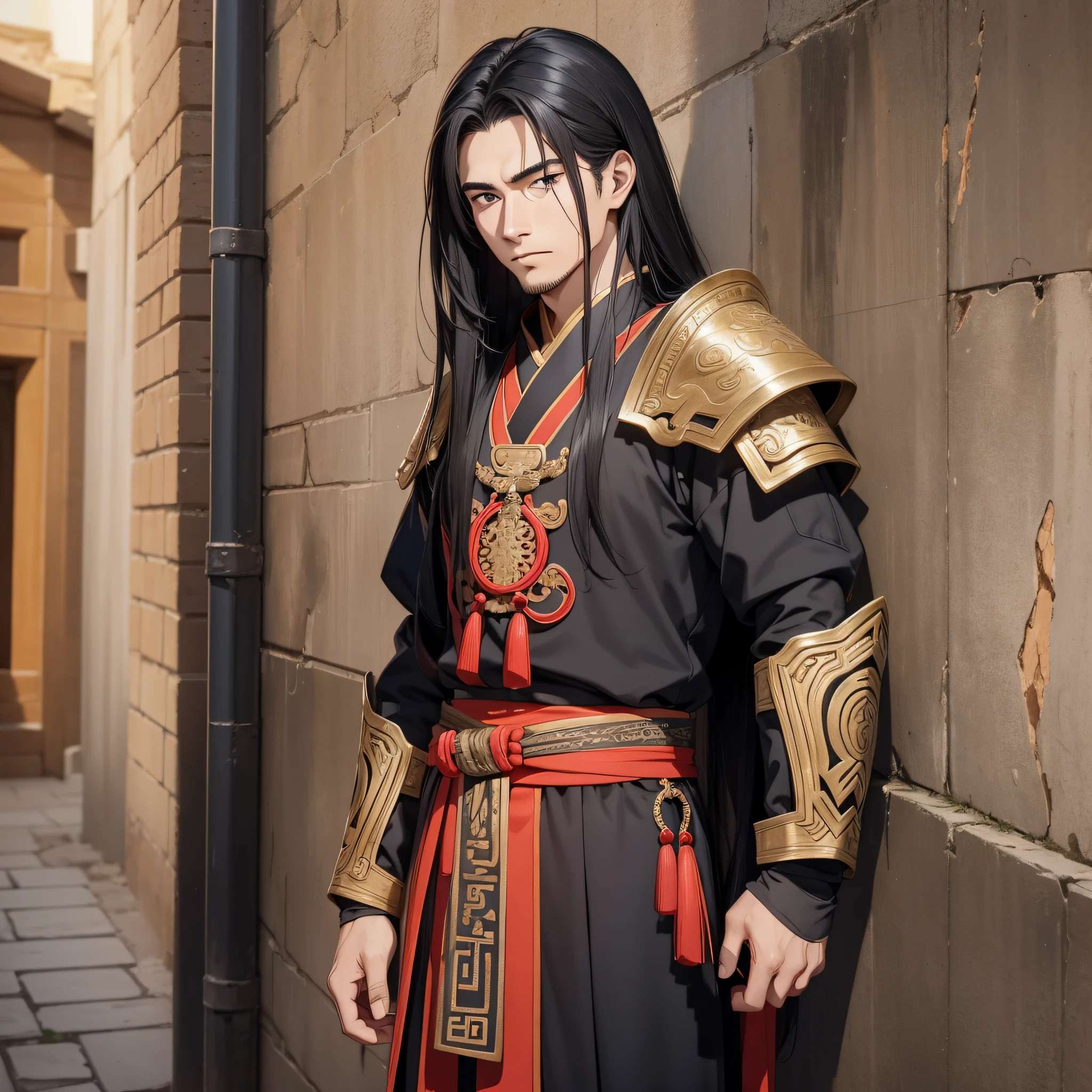 Absurd resolution, high resolution, (masterpiece: 1.4), hyper-detail, ancient Chinese, black long-haired young man standing by the wall holding his hands against the wall (1.3), roaring (1.2), sadness (1.2), warrior in ancient Chinese armor, standing on the ancient city wall (1.3), dusk, fire (leaning against the wall action 1.5) (desert environment 1.5) (handsome man 1.5)