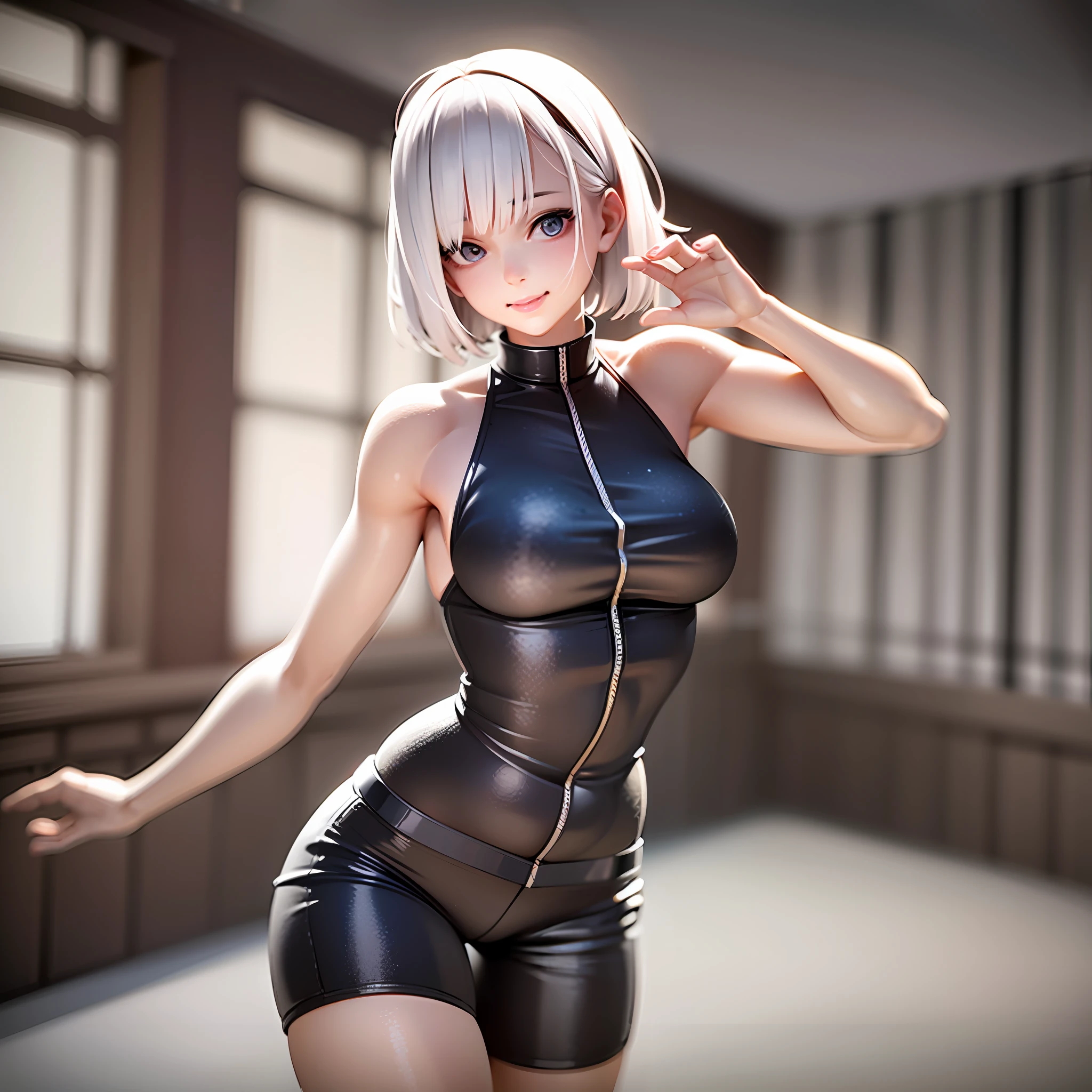 white hair, short cut,1girl,short pants, sneakers, beautiful eye, full body, dancing, looking away, black suit,[realistic], [3d], smile, closed mouth,(8k, RAW photo, best quality, masterpiece:1.2), ultra high res, photo realistic, professional lighting, detailed lighting, professional photography, high quality, high res, extremely detailed, bloom, depth of field, sketch, sharp focus, soft lighting, detailed, detailed skin, to8contrast style