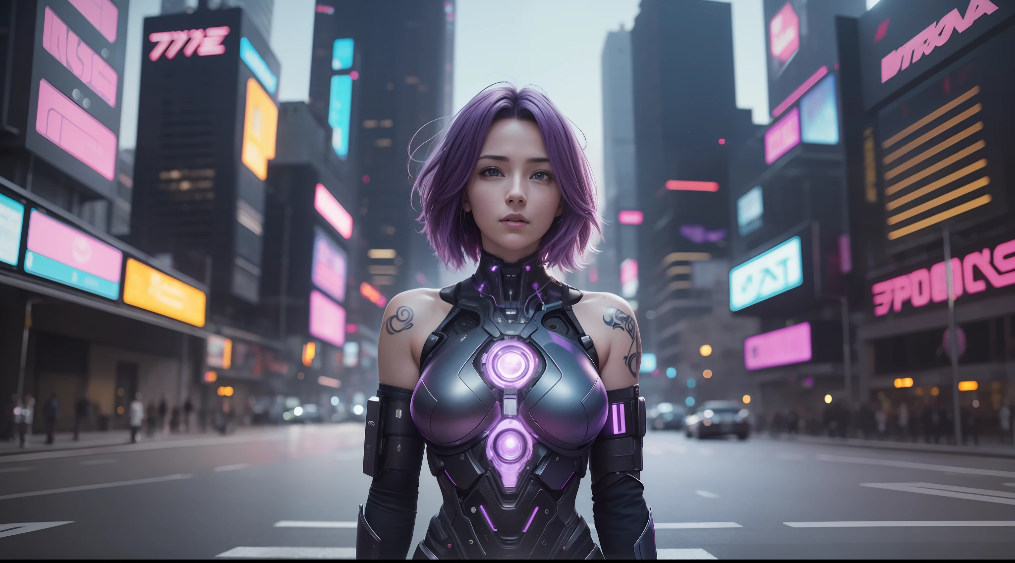 Award-winning photo from the waist up, purple-haired woman showing her face, alone, from the torso up, with cybernetic enhancements with tattoo of magical symbols, in front of cyberpunk buildings, vibrant, photorealistic, hyperrealism, strong impressionist painting style, 1,618, elegant, ethereal, intricate, elaborate, hyper-realism, hyper-detailed, strong expressiveness and emotionality, cinematic lighting, visual clarity