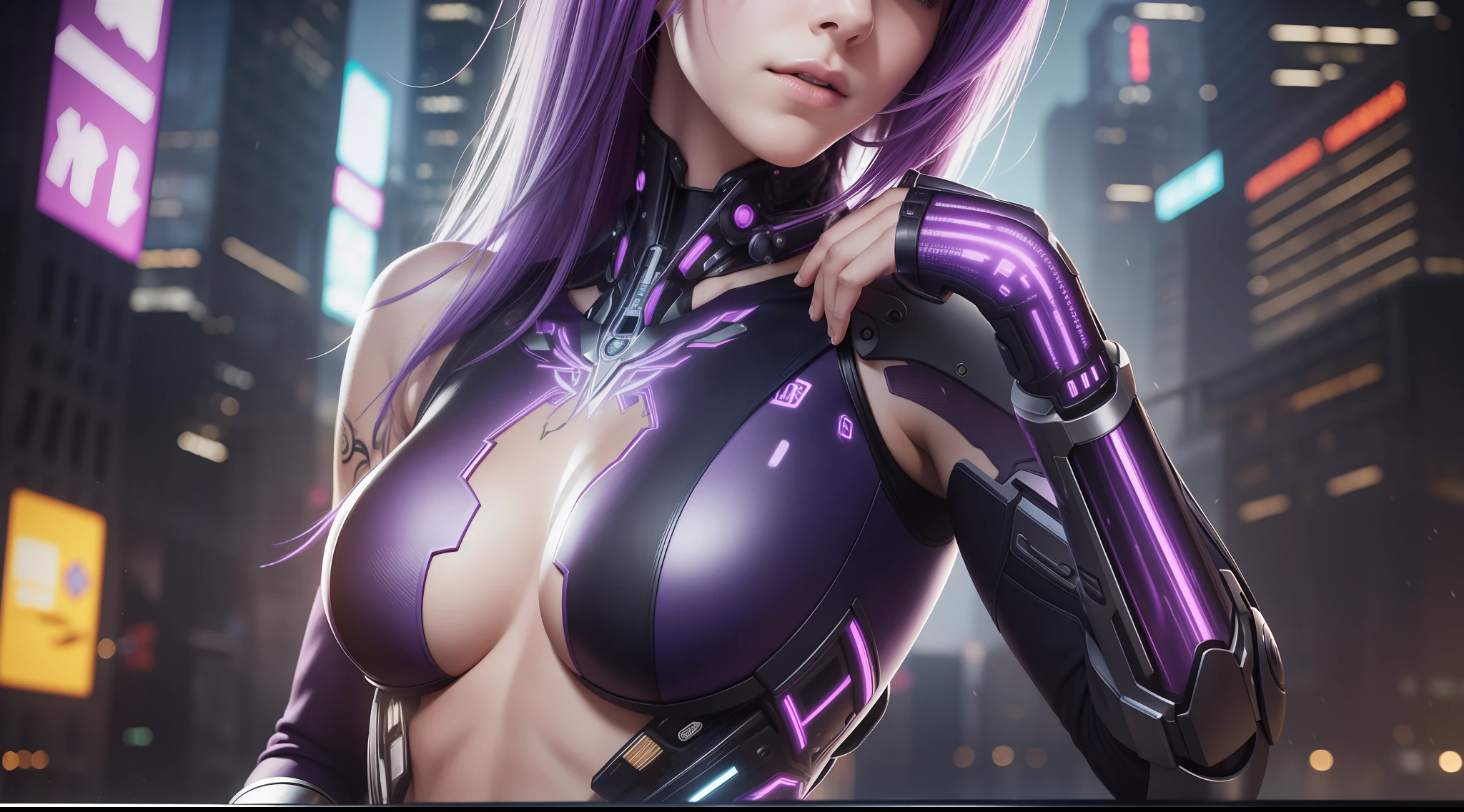 Award-winning photo from the waist up, purple-haired woman showing her face, alone, from the torso up, with cybernetic enhancements with tattoo of magical symbols, in front of cyberpunk buildings, vibrant, photorealistic, hyperrealism, strong impressionist painting style, 1,618, elegant, ethereal, intricate, elaborate, hyper-realism, hyper-detailed, strong expressiveness and emotionality, cinematic lighting, visual clarity