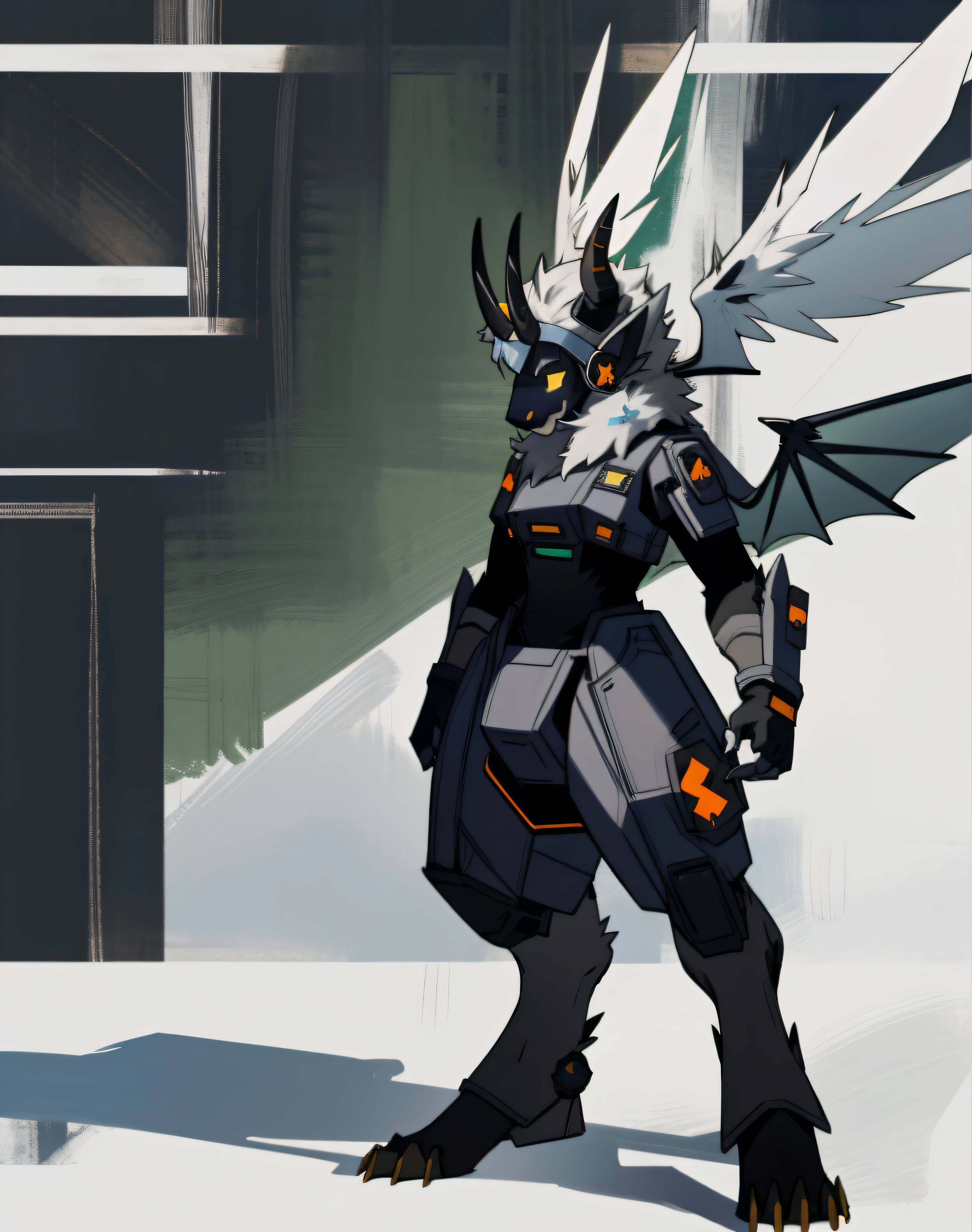 Protogen profile picture very fluffy, dragon, horned, gray-black, standing painting, with wings, claws, science fiction