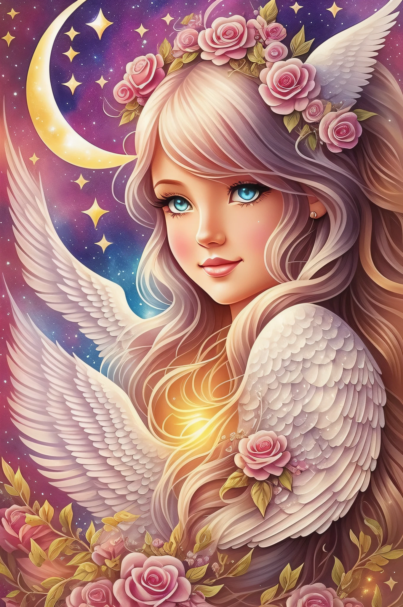 Watercolor beautiful magical, beautiful Mystic Goddess, flowing heart, vintage frame, with angel wings, smile, feathers, stars, roses, moon, facing side, fantasy illustration, perfect face, with beautiful face and with stars, beautiful light hair, perfect eyes, gold light, vivid vibrant colors, intricate detail, hyper detailed, hyper quality, 32K, unreal engine, isolated on white background, kawaii, clipart, fantasy art