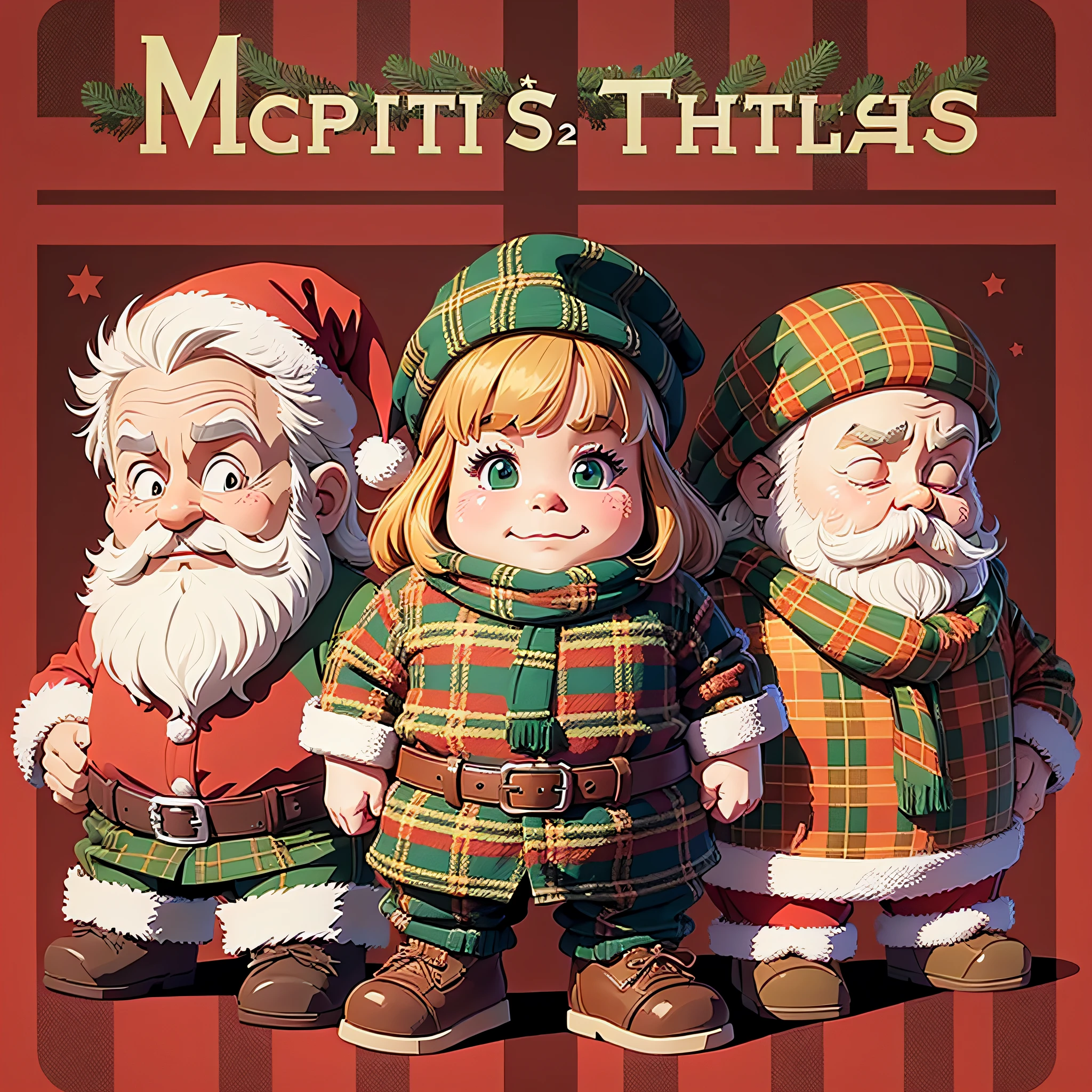 Christmas, British style, plaid background, dwarfs, vector, flat color --auto --s2