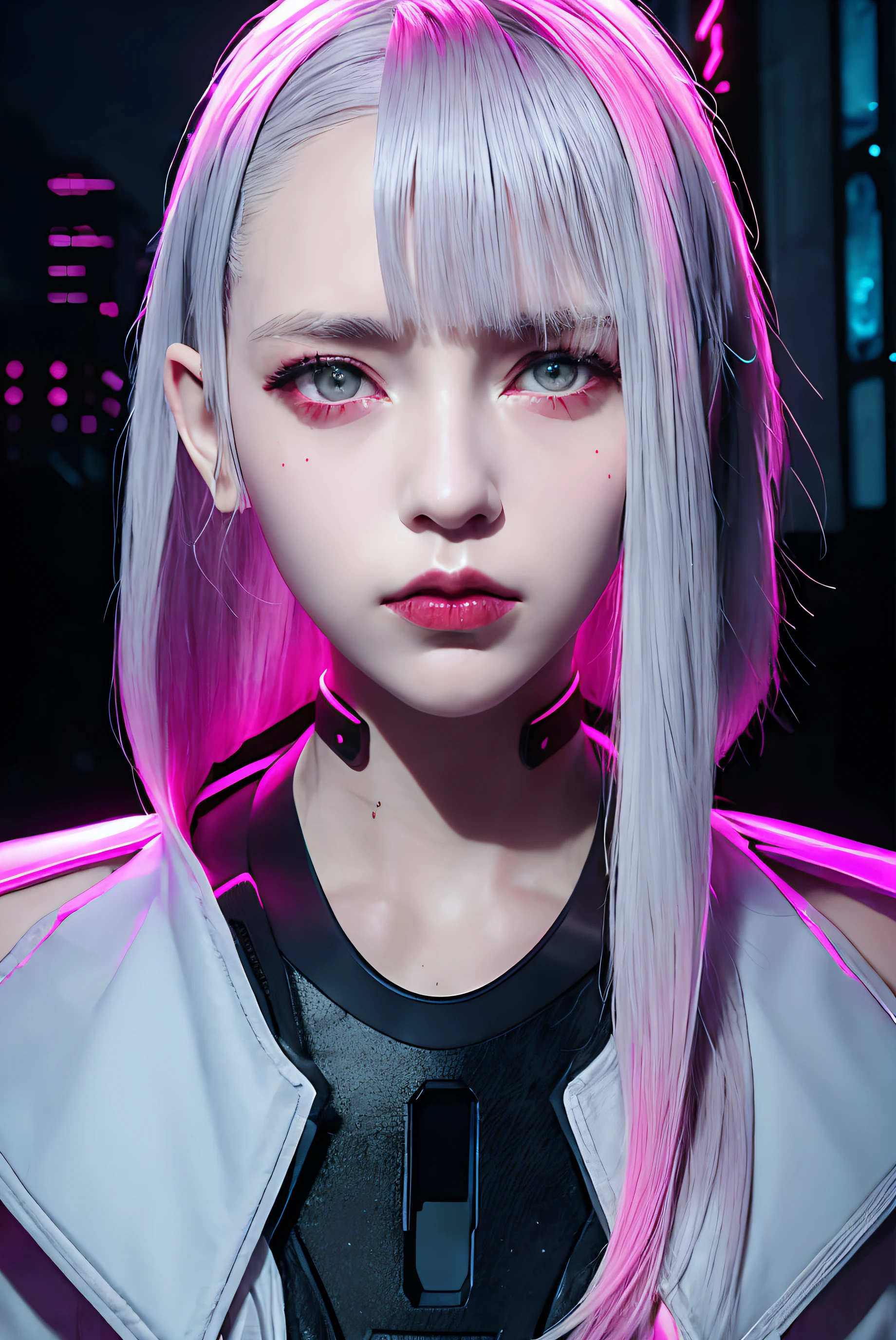 lucy \(cyberpunk\), 1girl,  hair scrunchie, hime cut, silver hair, colored tips, full moon, grey eyes, jacket, long sleeves, looking at viewer, medium hair, multicolored hair, parted bangs, parted lips, pink hair, portrait, red eyeliner, red lips, solo, white jacket, cyberpunk \(series\), rainy night in a cyberpunk city with glowing neon lights