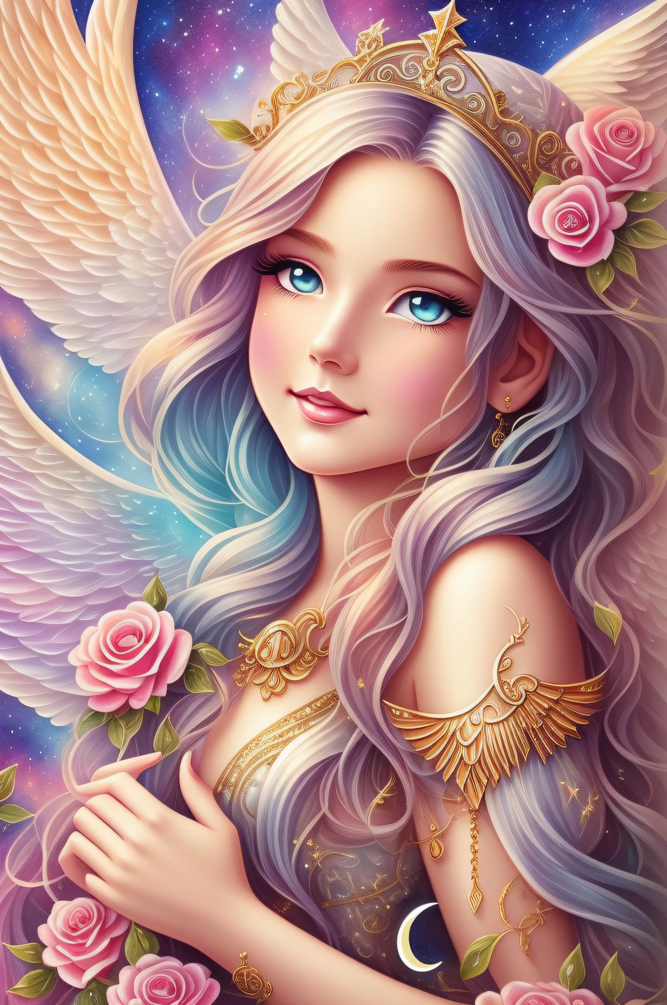 Watercolor beautiful magical, beautiful Mystic Goddess, flowing heart, vintage frame, with angel wings, smile, feathers, stars, roses, moon, facing side, fantasy illustration, perfect face, with beautiful face and with stars, beautiful light hair, perfect eyes, gold light, vivid vibrant colors, intricate detail, hyper detailed, hyper quality, 32K, unreal engine, isolated on white background, kawaii, clipart, fantasy art