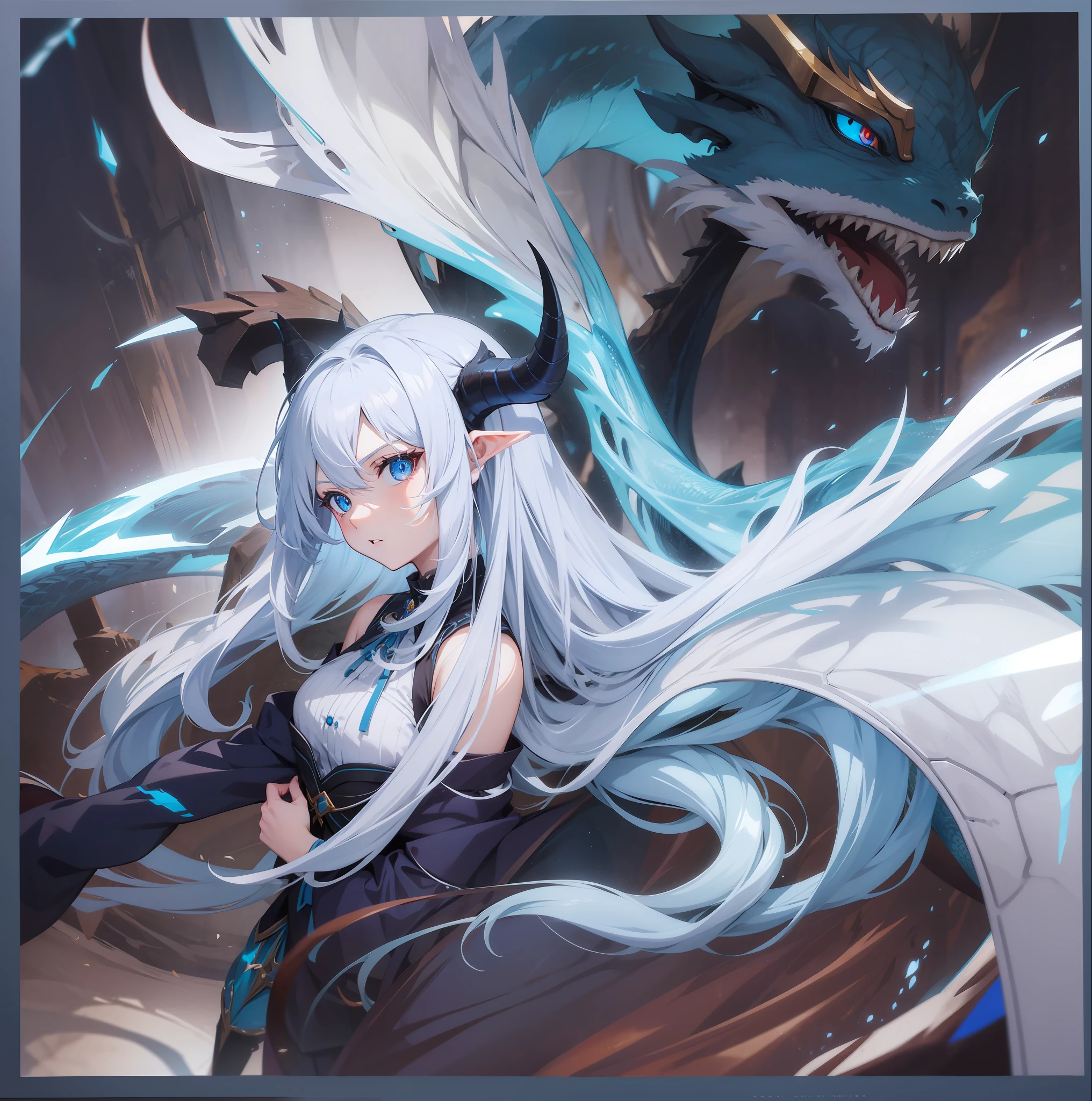 Anime girl, two-dimensional, blue eyes, long white hair, fierce eyes, a pair of dragon horns on her head