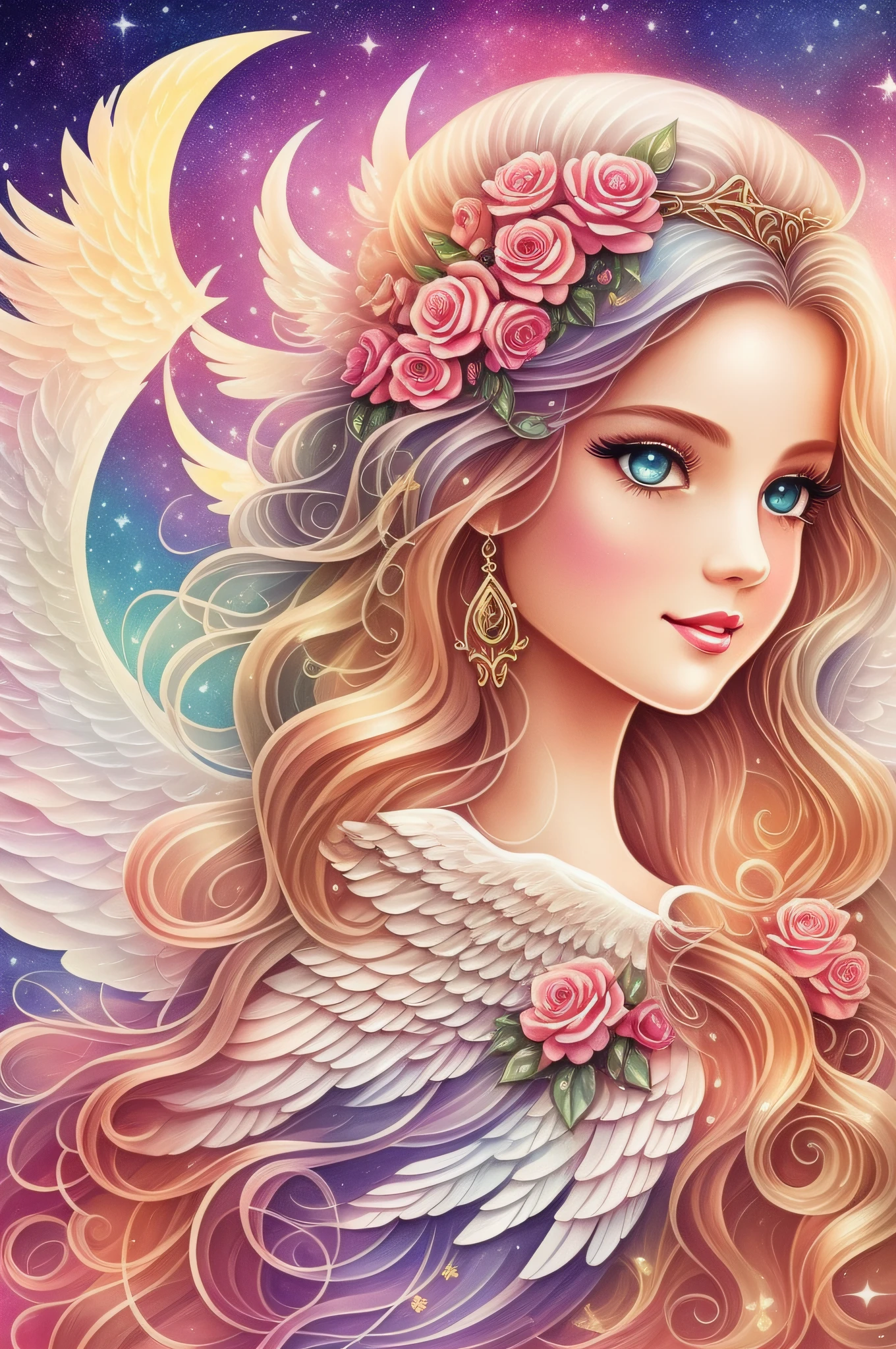 Watercolor beautiful magical, beautiful Mystic Goddess, flowing heart, vintage frame, with angel wings, smile, feathers, stars, roses, moon, facing side, fantasy illustration, perfect face, with beautiful face and with stars, beautiful light hair, perfect eyes, gold light, vivid vibrant colors, intricate detail, hyper detailed, hyper quality, 32K, unreal engine, isolated on white background, kawaii, clipart, fantasy art