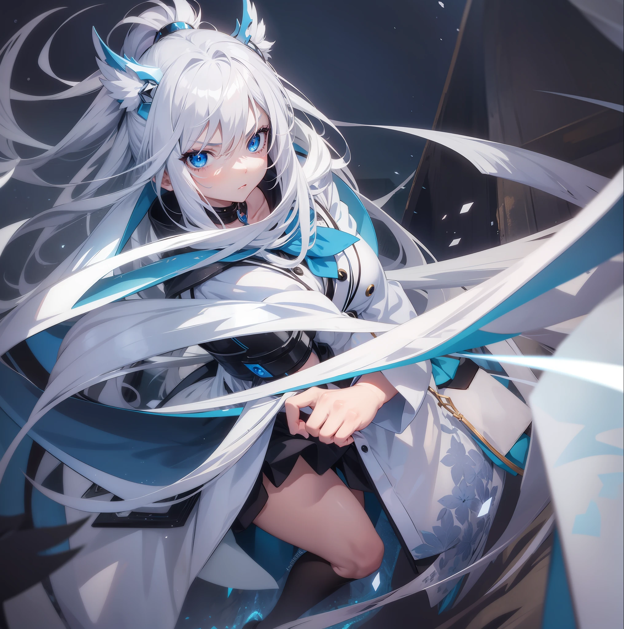 Anime girl, two-dimensional, blue eyes, long white hair, fierce eyes