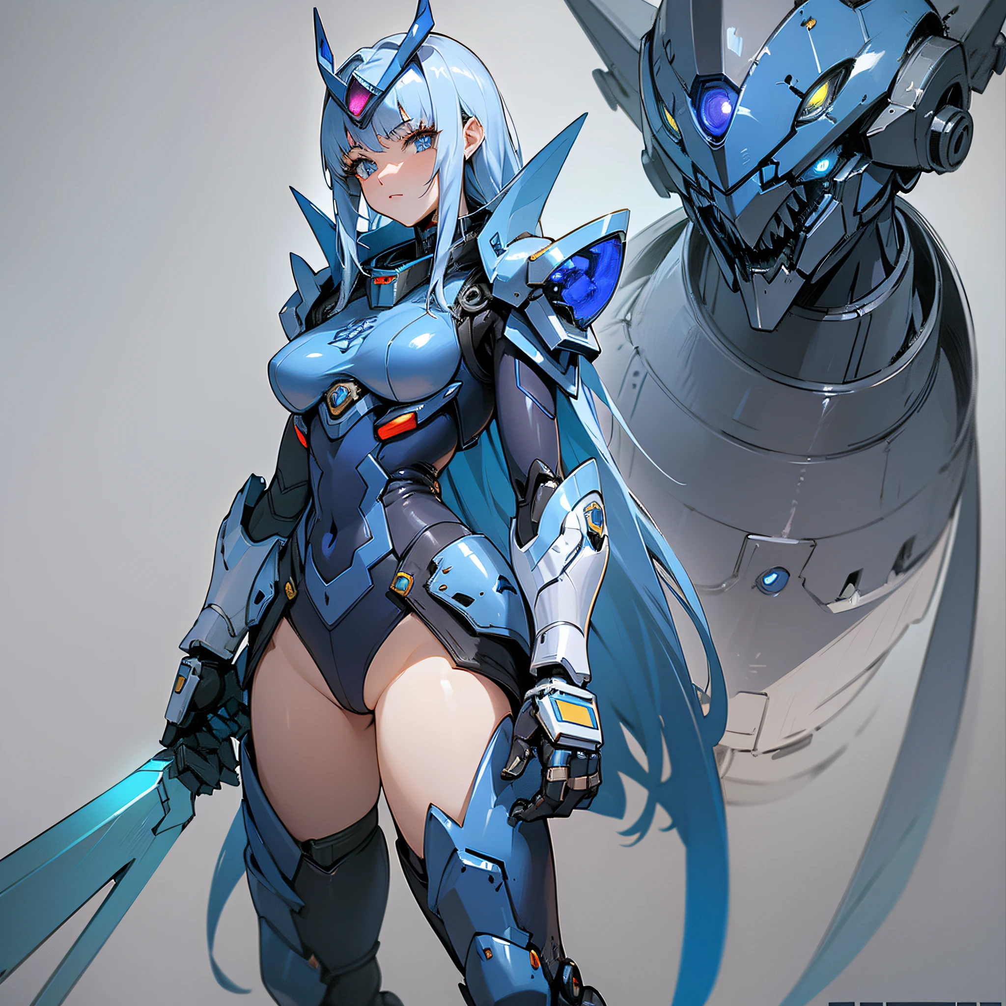 Blue paint, close-up portrait of a person in costume with a sword, cyber japan style armor, cyber japan armor, guyver style, girl in armor, monster hunter armor, full body mecha suit, perfect anime cyborg woman, cyborg noble woman, mecha cyber armor girl, detailed full body concept, female armor, anime character. Full Body Art --auto --s2