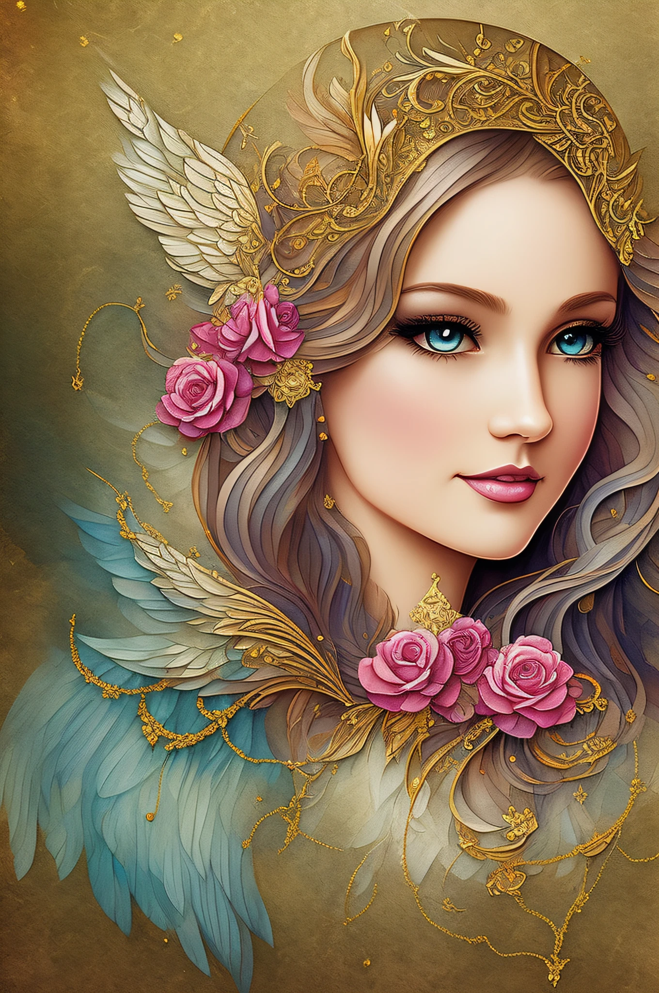 Watercolor beautiful magical beautiful Mystic Goddess, flowing heart, vintage frame, with angel wings, smile, feathers, stars, roses, moon, facing side, fantasy illustration, perfect face, with beautiful face and with stars, beautiful light hair, perfect eyes, gold light, vivid vibrant colors, intricate detail, hyper detailed, hyper quality, 32K, unreal engine, isolated on white background, kawaii, clipart, fantasy art