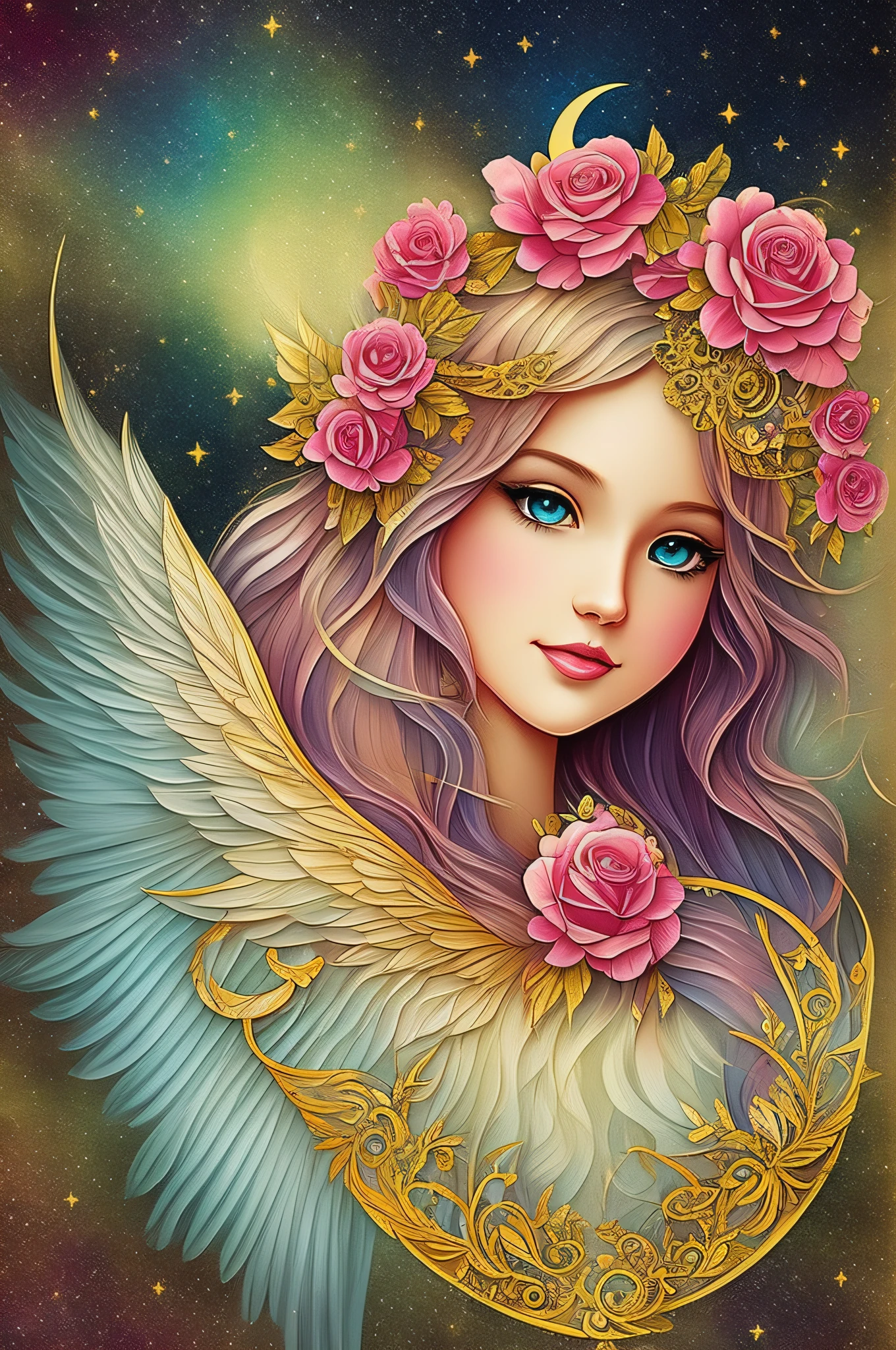 Watercolor beautiful magical beautiful Mystic Goddess, flowing heart, vintage frame, with angel wings, smile, feathers, stars, roses, moon, facing side, fantasy illustration, perfect face, with beautiful face and with stars, beautiful light hair, perfect eyes, gold light, vivid vibrant colors, intricate detail, hyper detailed, hyper quality, 32K, unreal engine, isolated on white background, kawaii, clipart, fantasy art