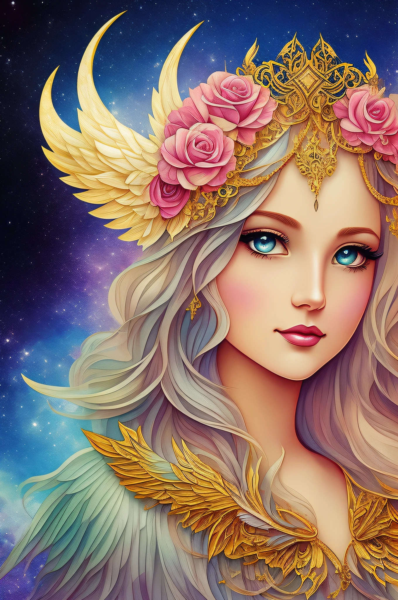 Watercolor beautiful magical beautiful Mystic Goddess, flowing heart, vintage frame, with angel wings, smile, feathers, stars, roses, moon, facing side, fantasy illustration, perfect face, with beautiful face and with stars, beautiful light hair, perfect eyes, gold light, vivid vibrant colors, intricate detail, hyper detailed, hyper quality, 32K, unreal engine, isolated on white background, kawaii, clipart, fantasy art