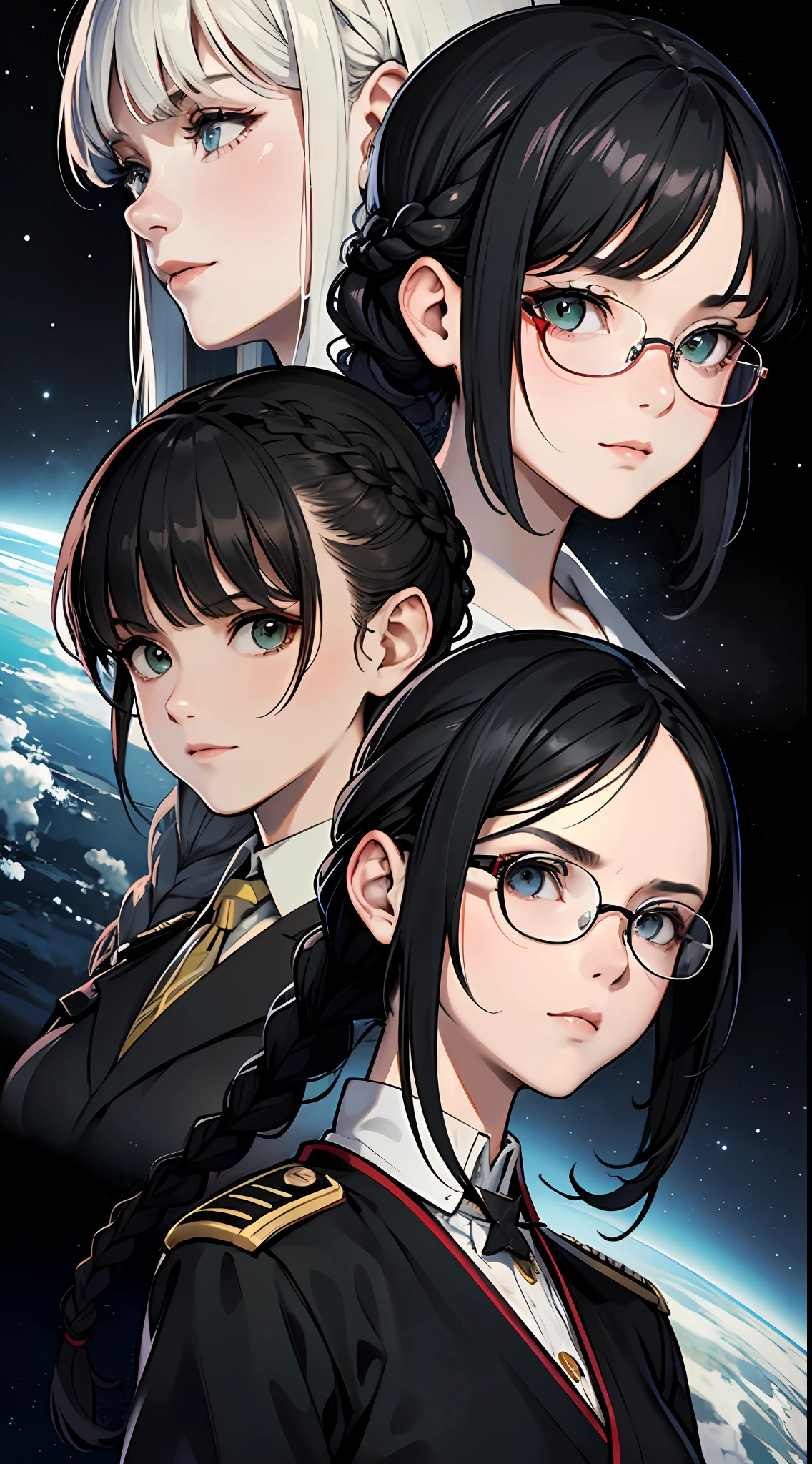 Movie Poster,((Braid Hairstyle : 1.5)),Anime Reference 86 ,Science Fiction,Sci-Fi,Movies,War Action Movies,Space,Atmosphere,Sky,Battleship,Multiple Characters,Women,Adults,Green Eyes,Black Hair,(Pia bangs hairstyle) : 1.8 ),(Red Glasses),General Uniform,White Commander Uniform,Serious Face Frowning,Realistic Face Detail,Realism,3D Face,